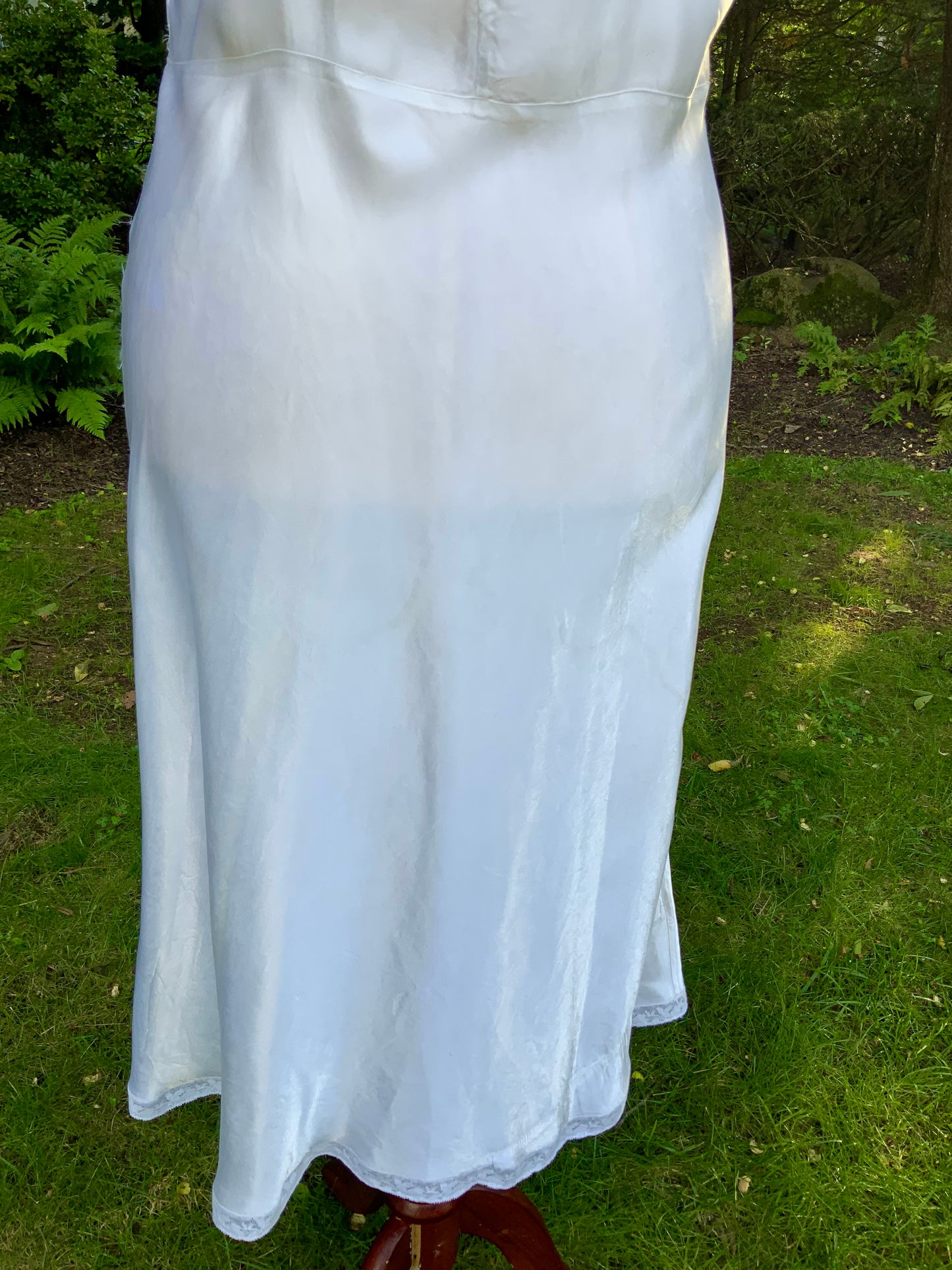 1930s White Satin Bias Cut Slip Dress with Floral Lace .40BT