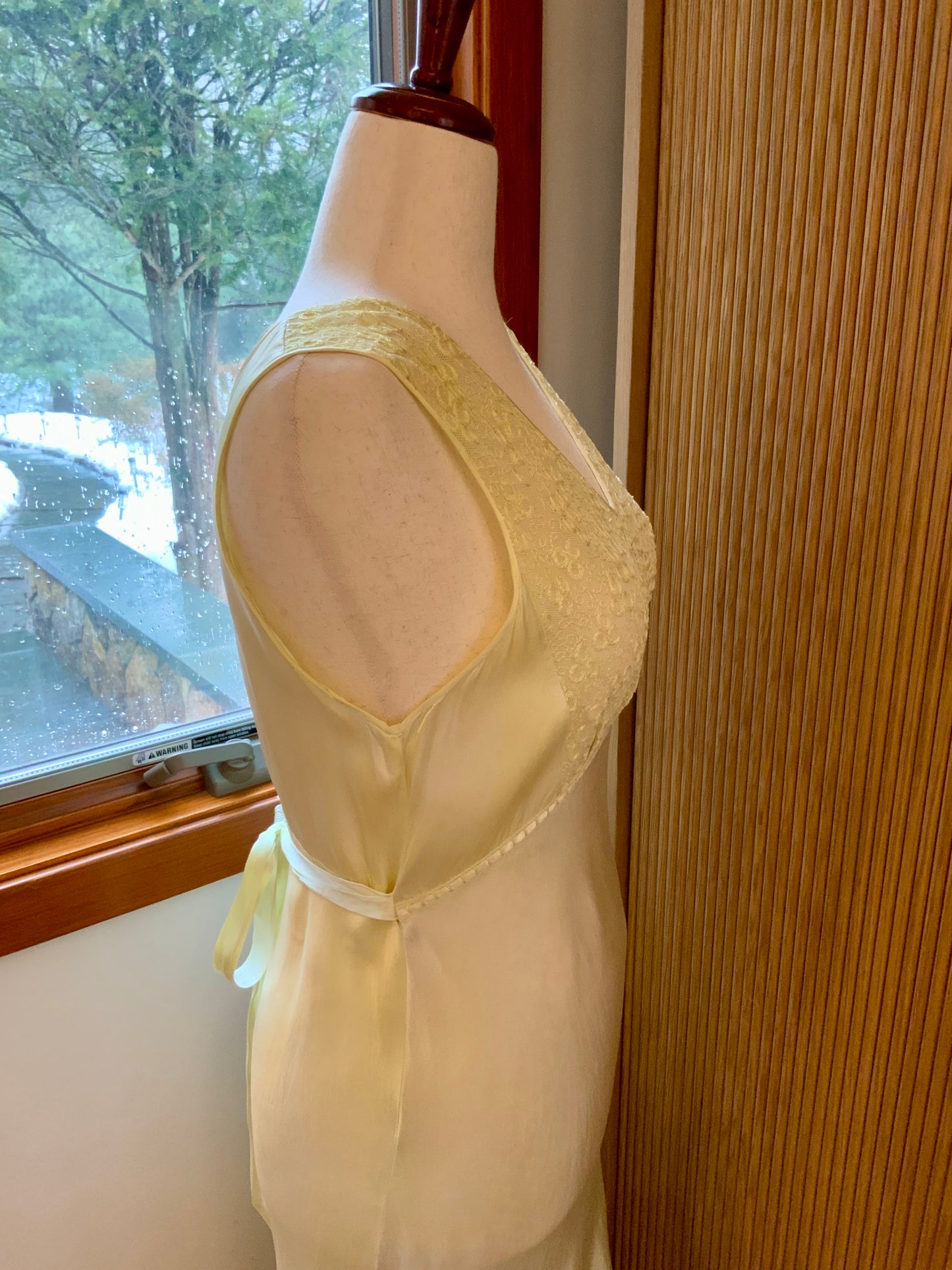 1970s Hand Dyed Bias Cut Satin Gown | 1940s Inspired Lace Bodice Maxi Dress | Pale Celadon Vintage Slip Dress- 40V