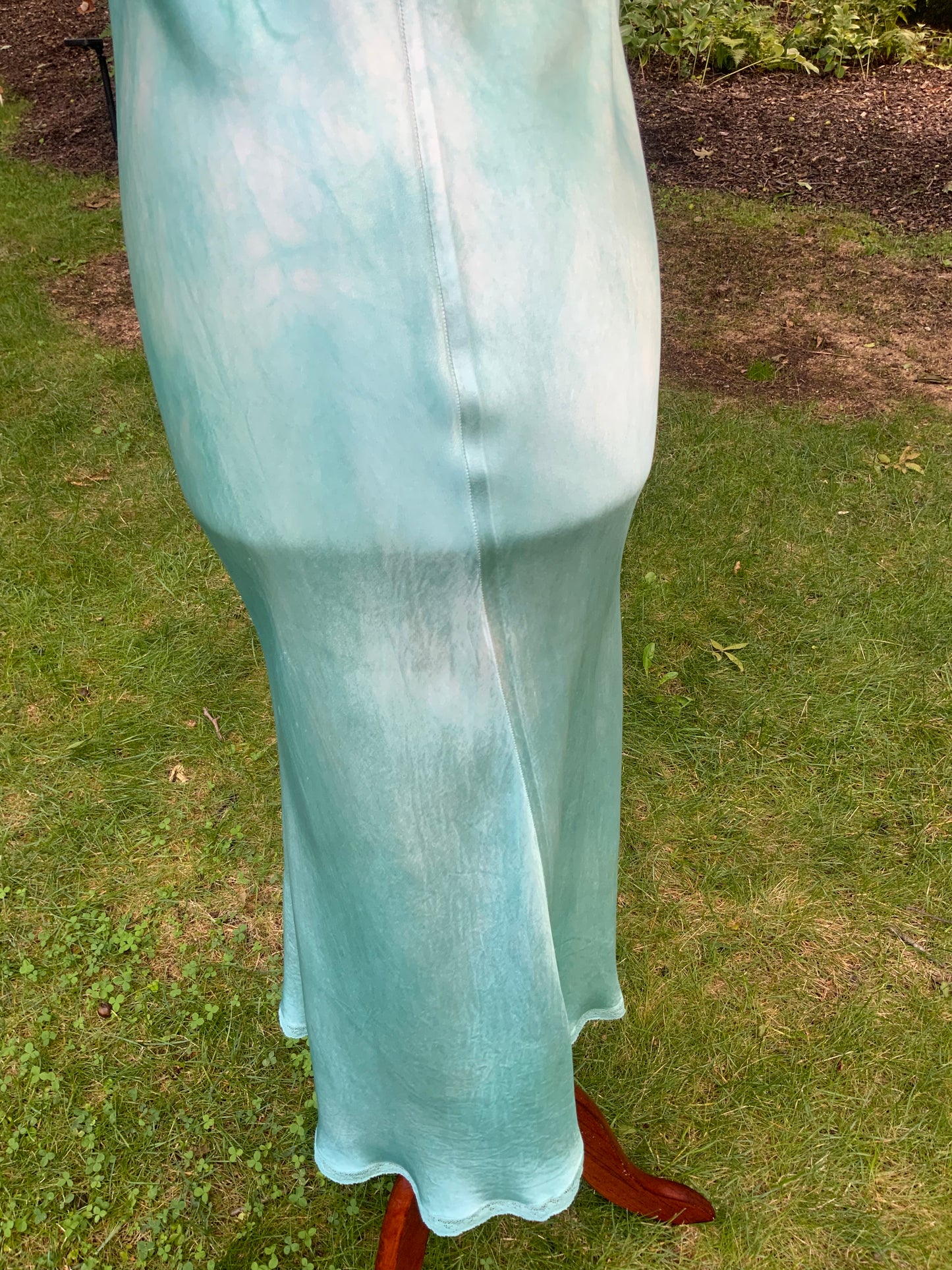 1930s Hand-Dyed Aqua Satin Slip Dress. Embroidered Bias Cut Slip with Sash.40CB