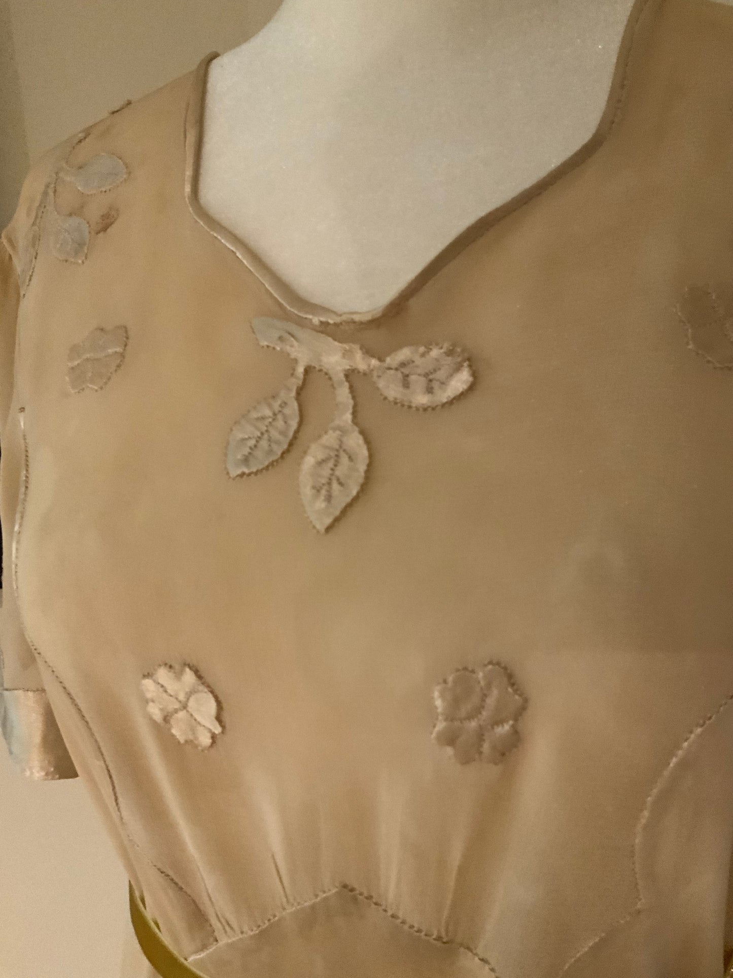 Rare 1930s Tea-Dyed Silk Hostess Gown with Original Floral Appliqué Details