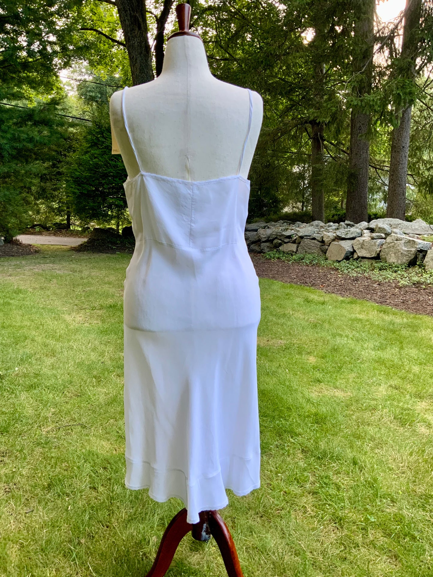 1940s White Slip Dress. Pleated Lace Bodice. Bias Cut. Double Flounce Hem
-30CP