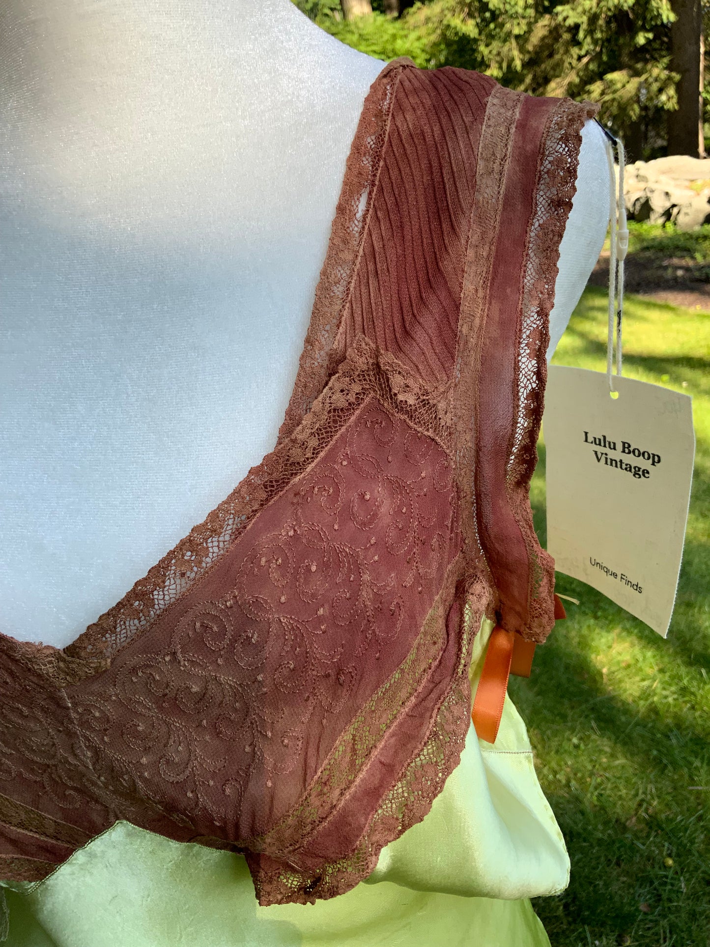 Hand Dyed Antique Silk Slip Dress Chartreuse Green Artist Reimagined 1930s 1940s Silk Nightgown One of a Kind Wearable Art-40C
