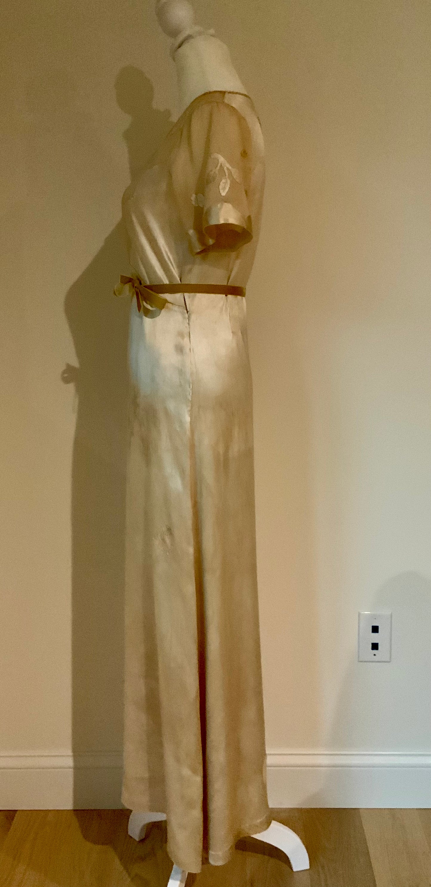 Rare 1930s Tea-Dyed Silk Hostess Gown with Original Floral Appliqué Details