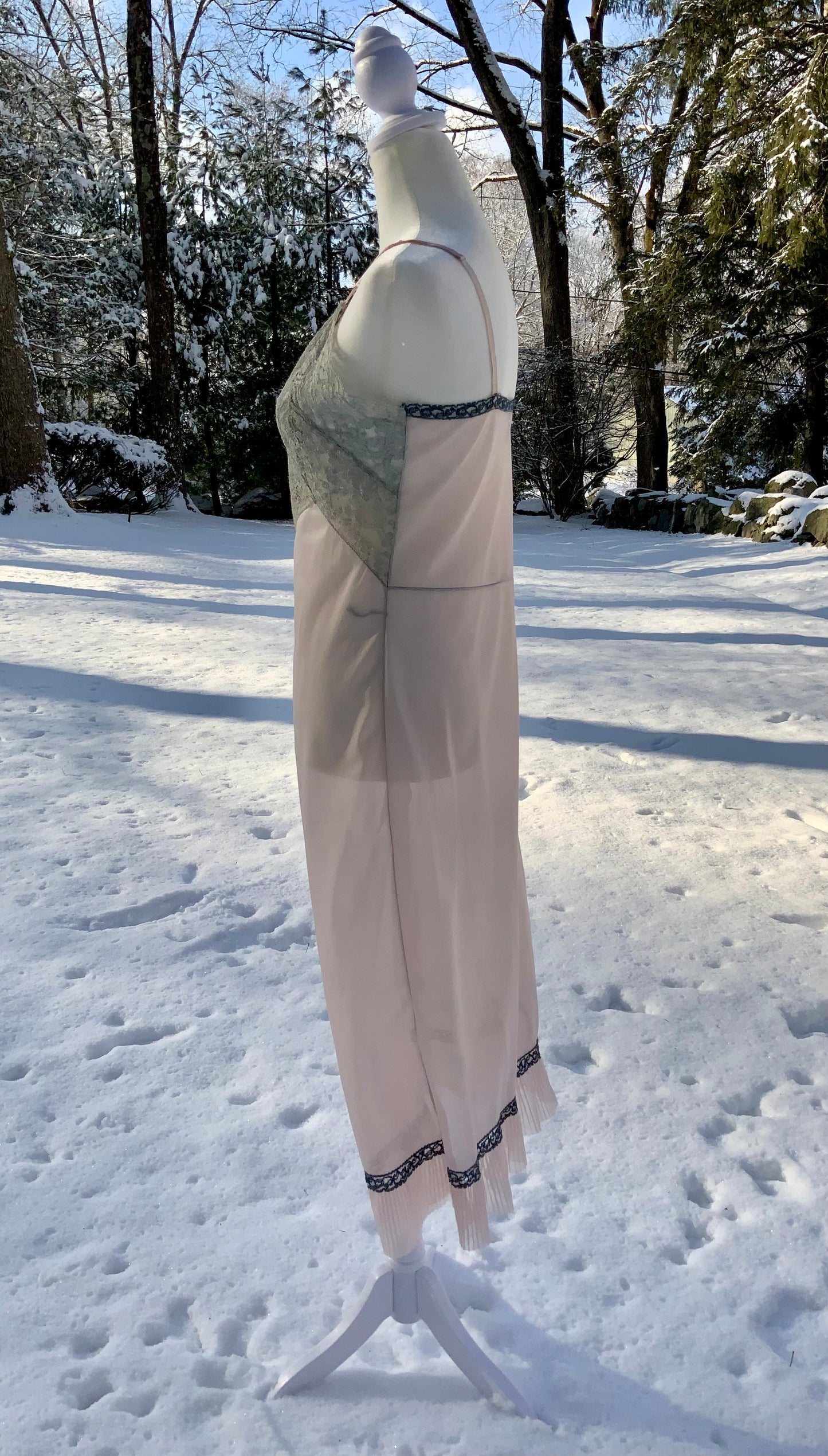 Late 1930s Myra Joy Nylon Slip Dress with Sage Lace Bodice | Art Deco Lingerie Gown-30BB