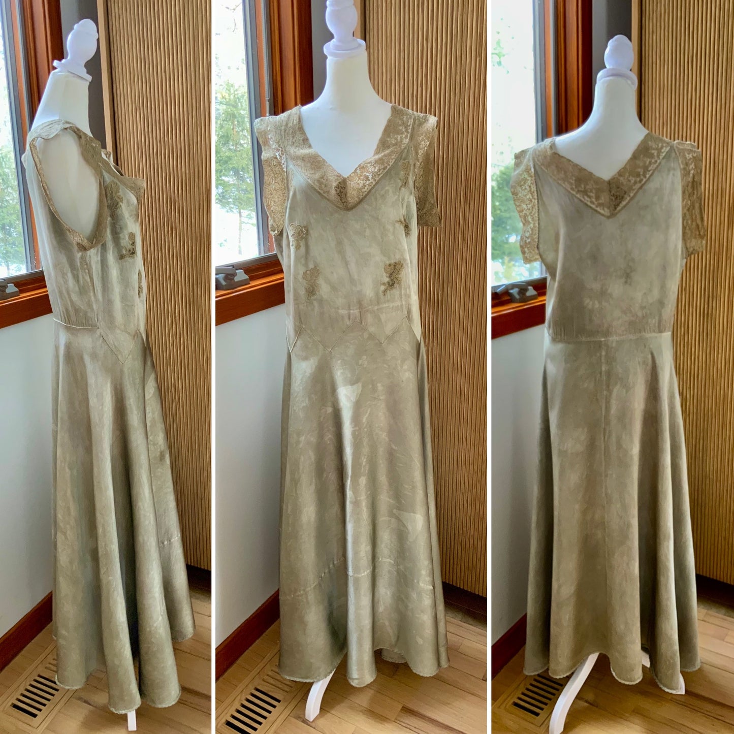 1930s Hand-Dyed Silk Satin Gown with Lace Cap Sleeves - 40AF
