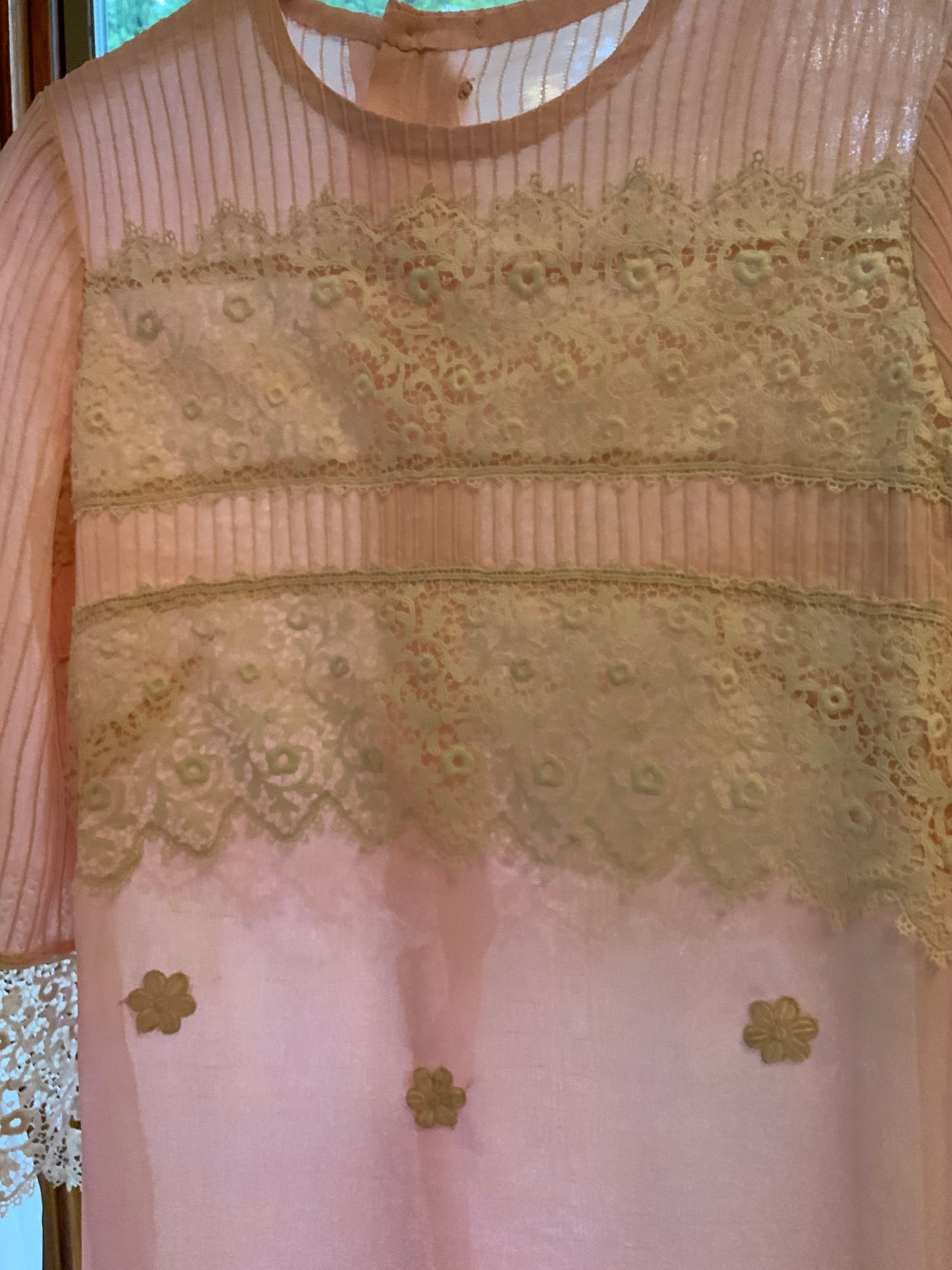 1970s Pink Lace Hostess Gown with Sheer Sleeves - 70BC