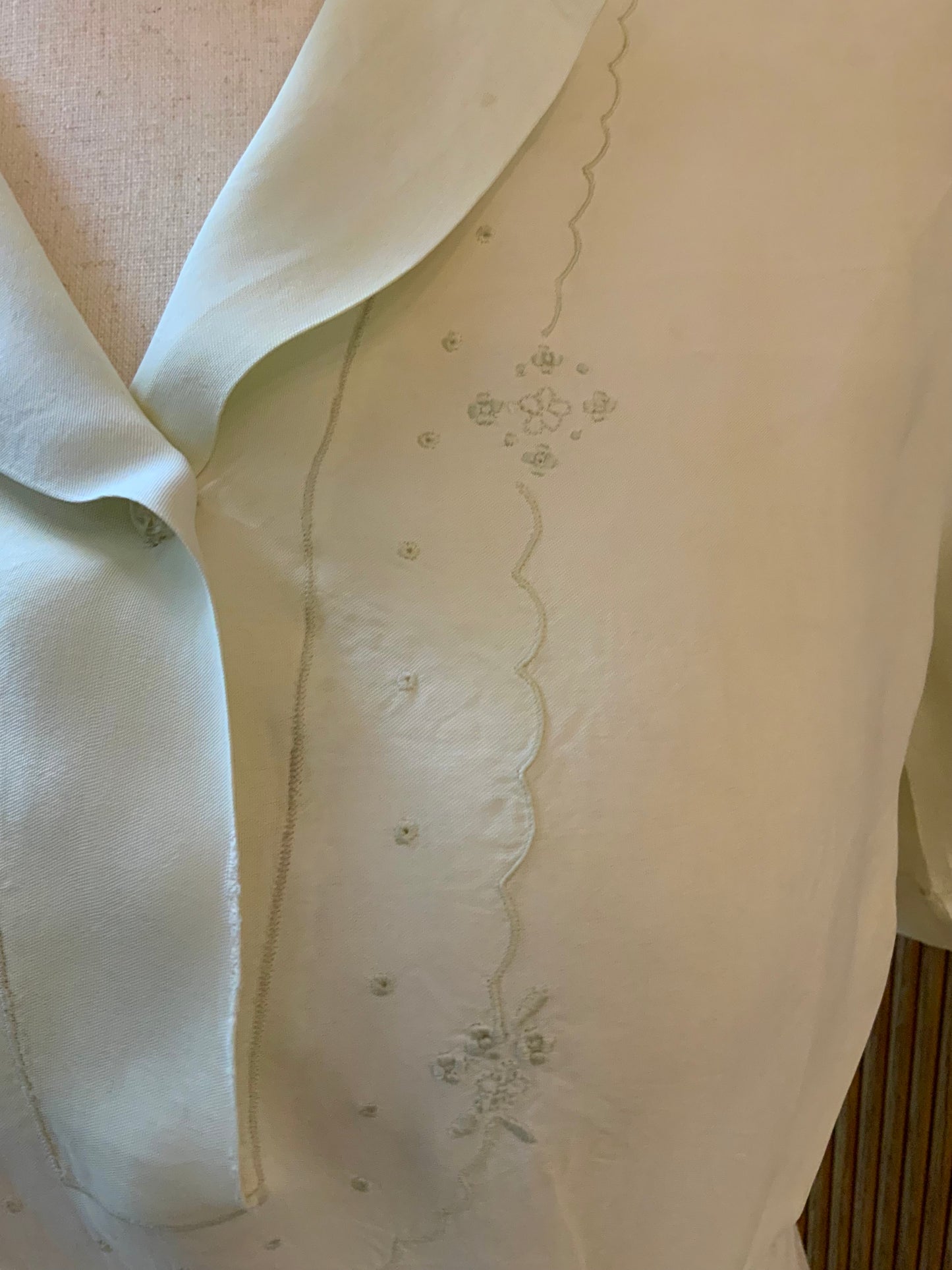 Authentic 1930s 1940s Ivory Silk Satin Day Dress Embroidered Vintage Dress- 40AO