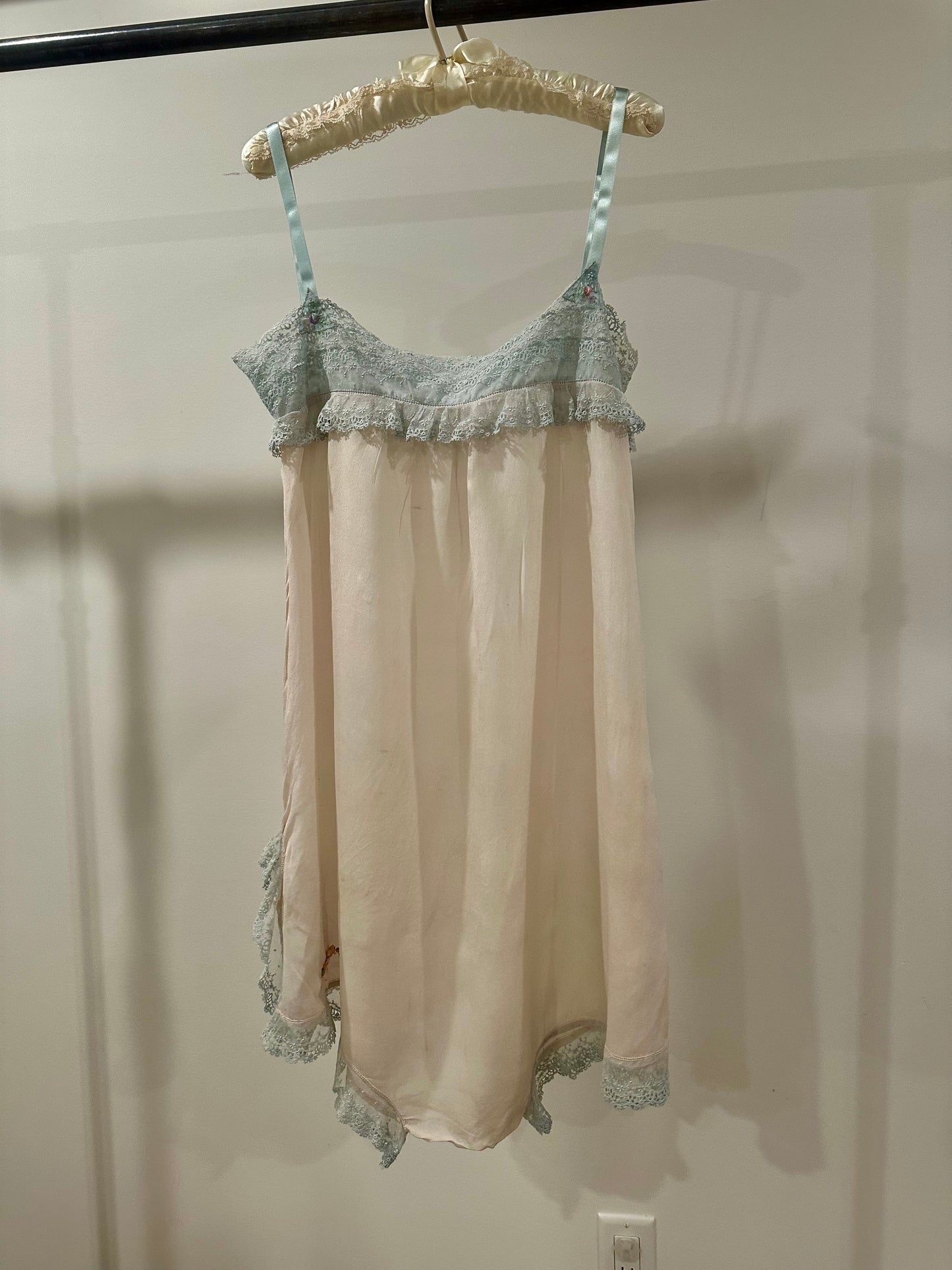 1920s–30s Pure Silk Teddy in Blush Pink with Powder-Blue Lace & Rare Antique Appliqués – Bridal Lingerie - 20AQ