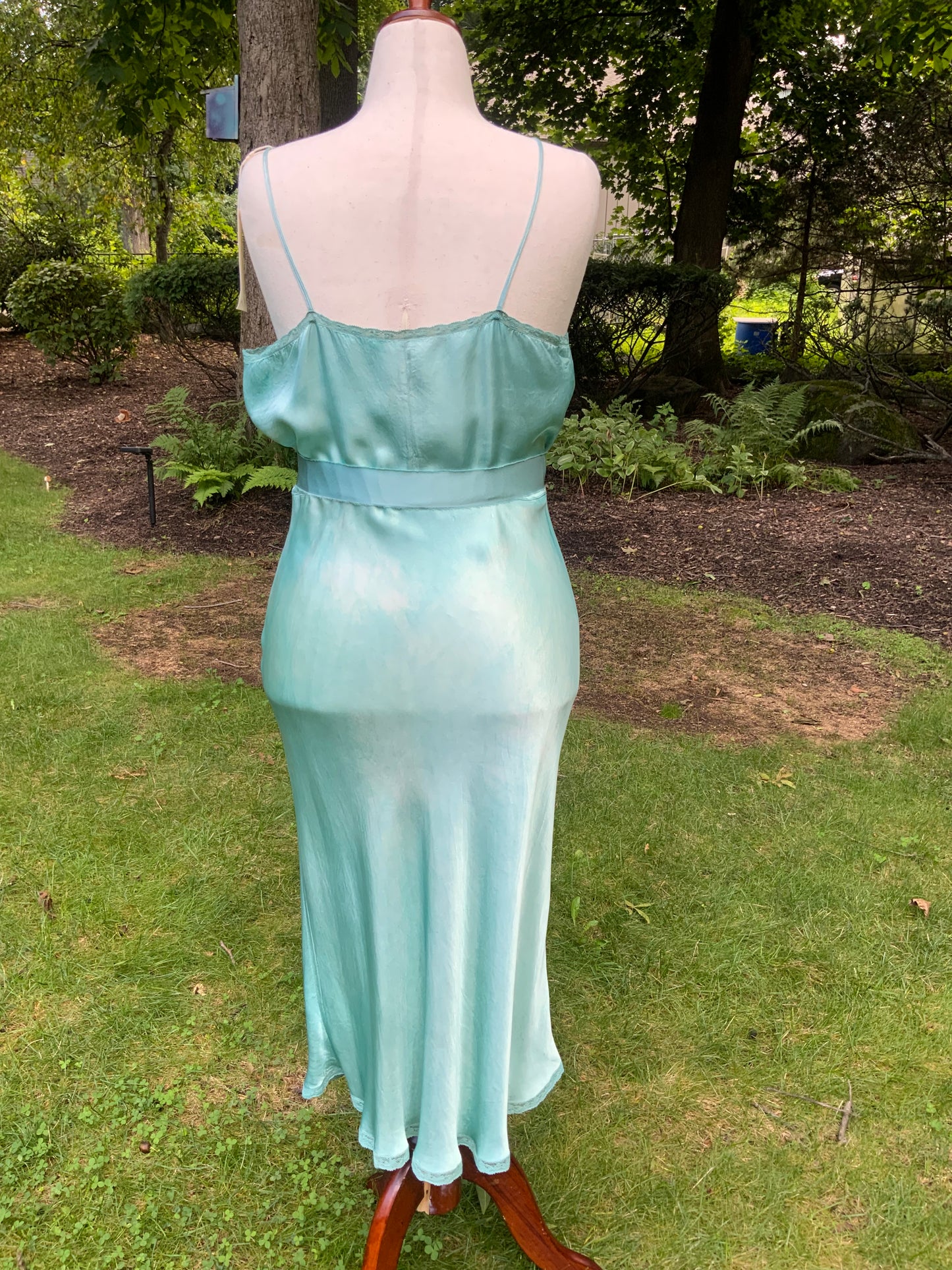 1930s Hand-Dyed Aqua Satin Slip Dress. Embroidered Bias Cut Slip with Sash.40CB
