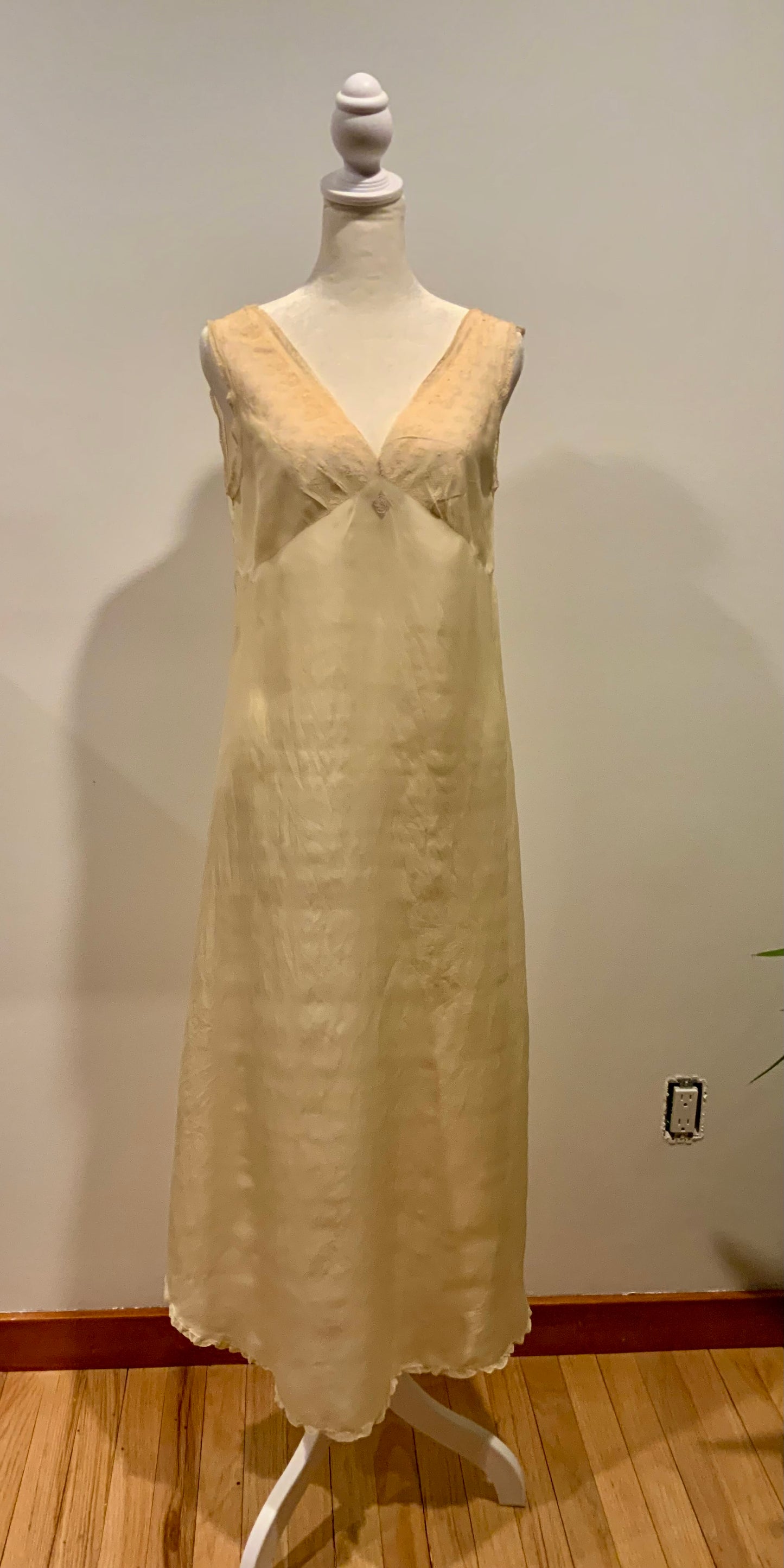 1920s–30s Pure Silk Lace Bias Cut Bridal Nightgown | Antique Monogrammed Trousseau Dress-20AV