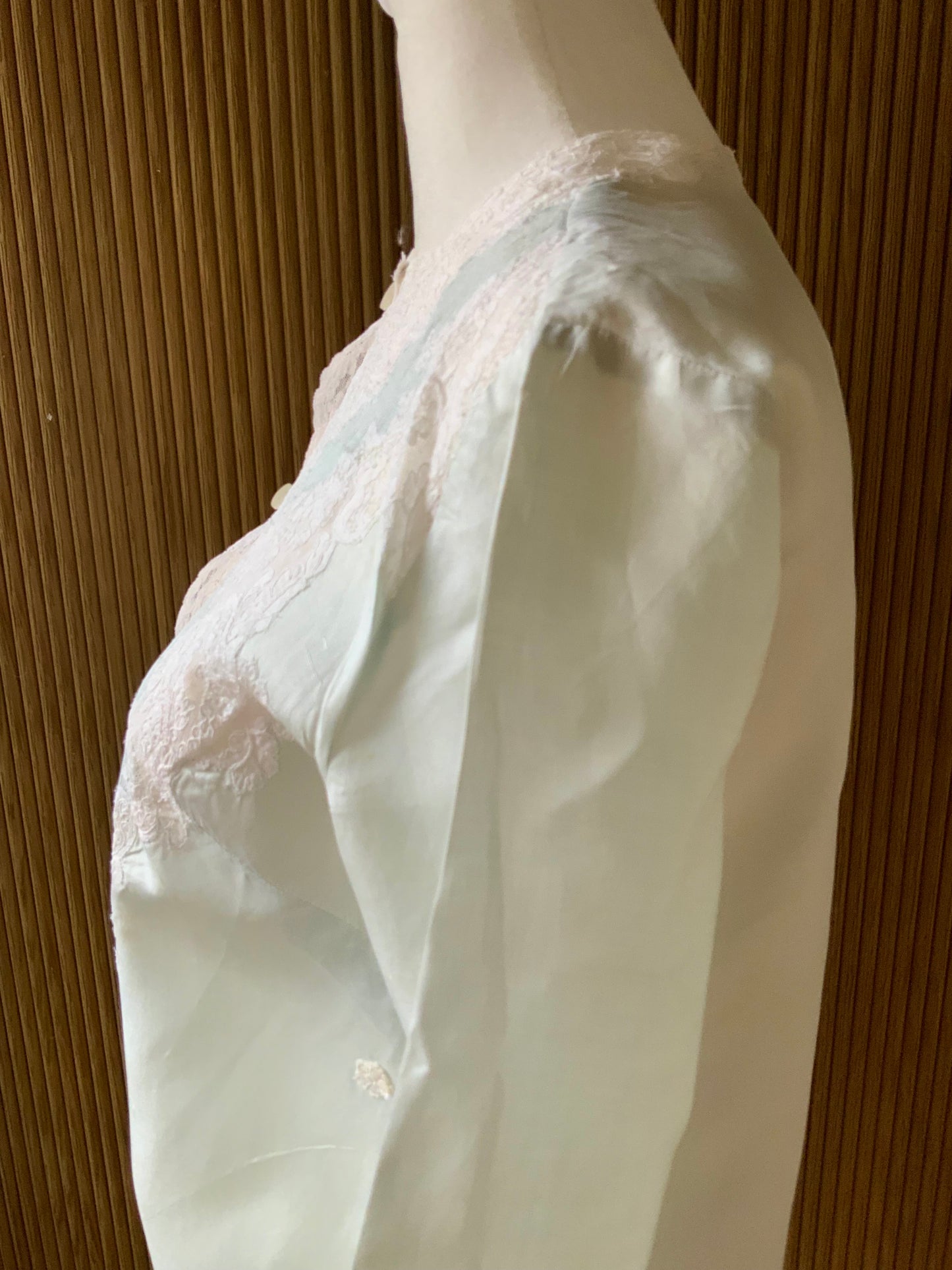 1940s Silk Satin Blouse with Lace Appliqué | Mint Green | Edwardian Revival-40AT