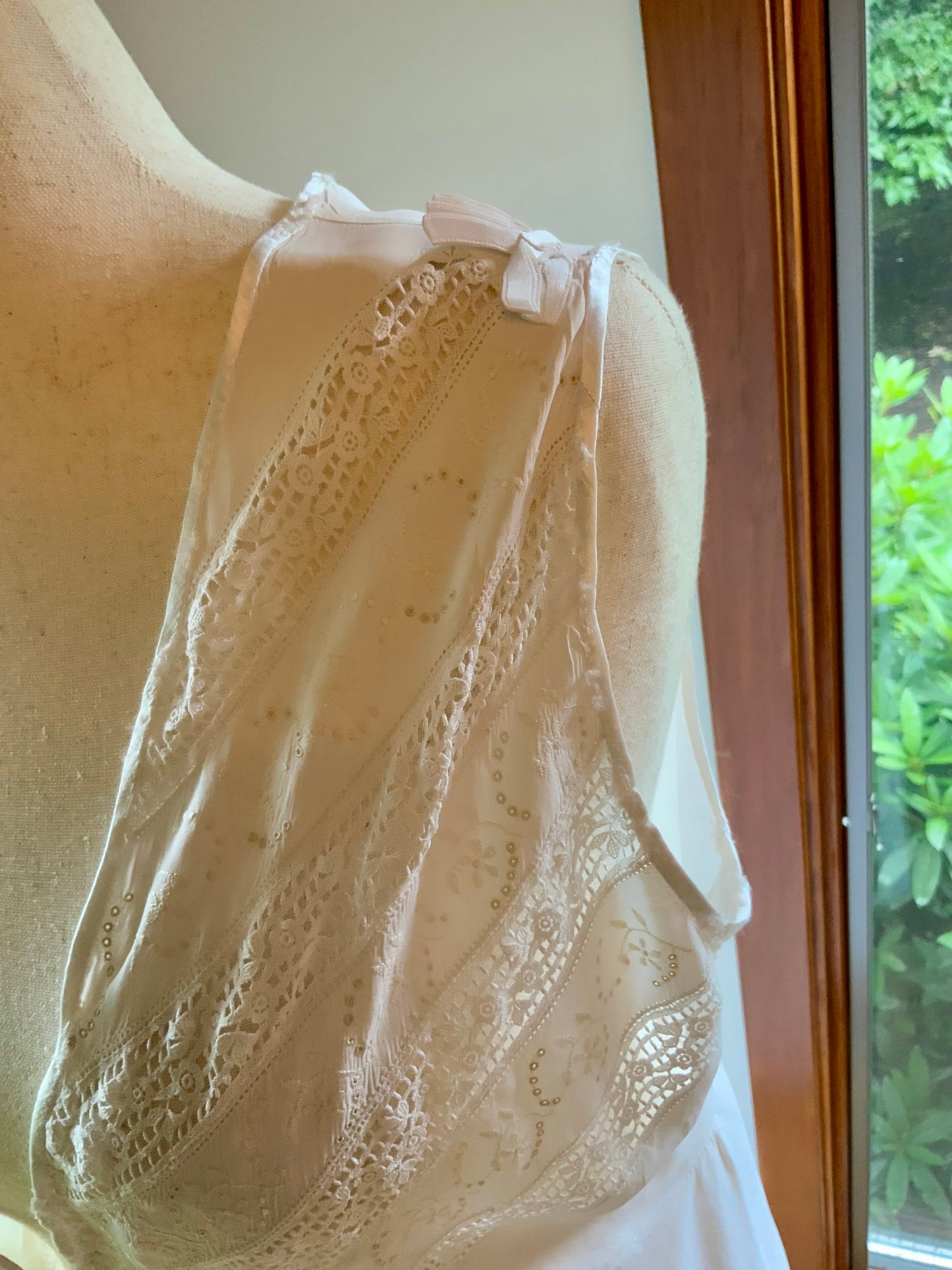 1930s Ivory Bridal Slip Dress with Embroidered Lace Bodice-Deep V. Neck-30DK