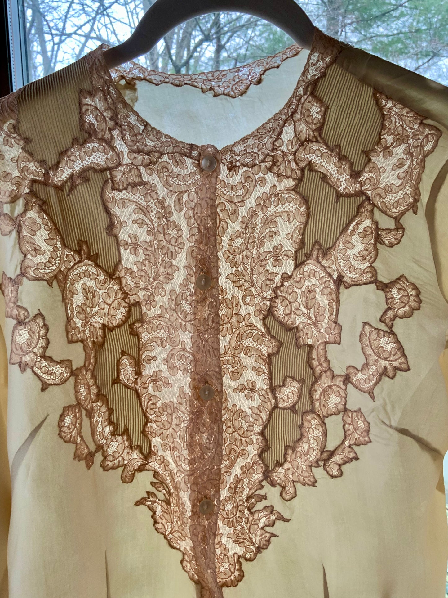 1930s Silk Blouse with Blush Lace Appliqué – Sheer Antique Chiffon Top, Romantic Lingerie Style, Bridal Boudoir Vintage-30BG