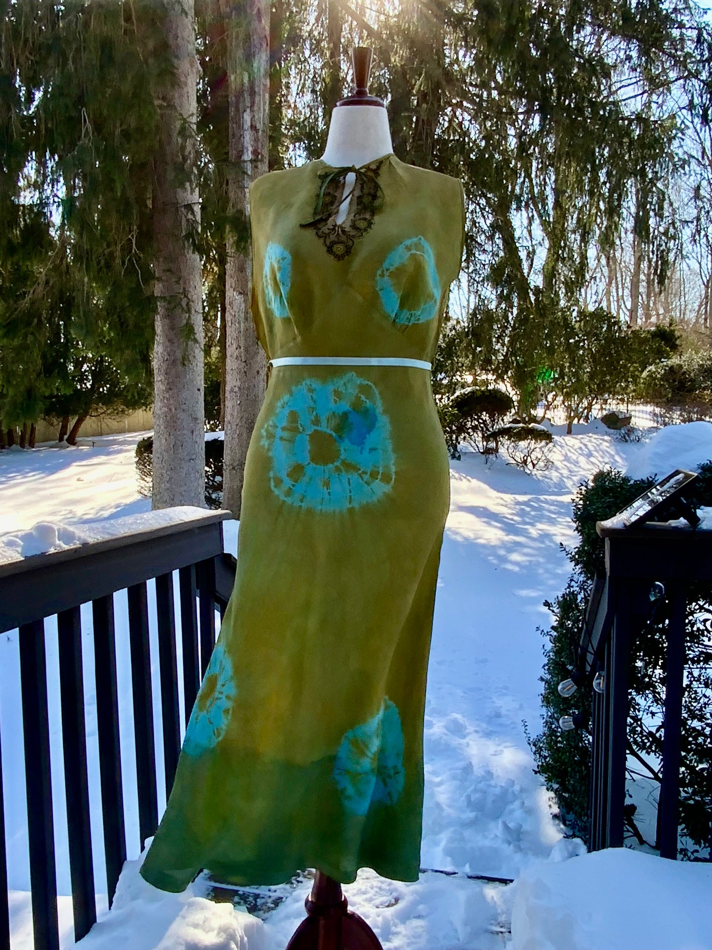 (Copy) Hand-Dyed Vintage Silk Dress – Olive & Aqua Patina | One of a Kind Atelier Piece (1930s–40s)-40B6