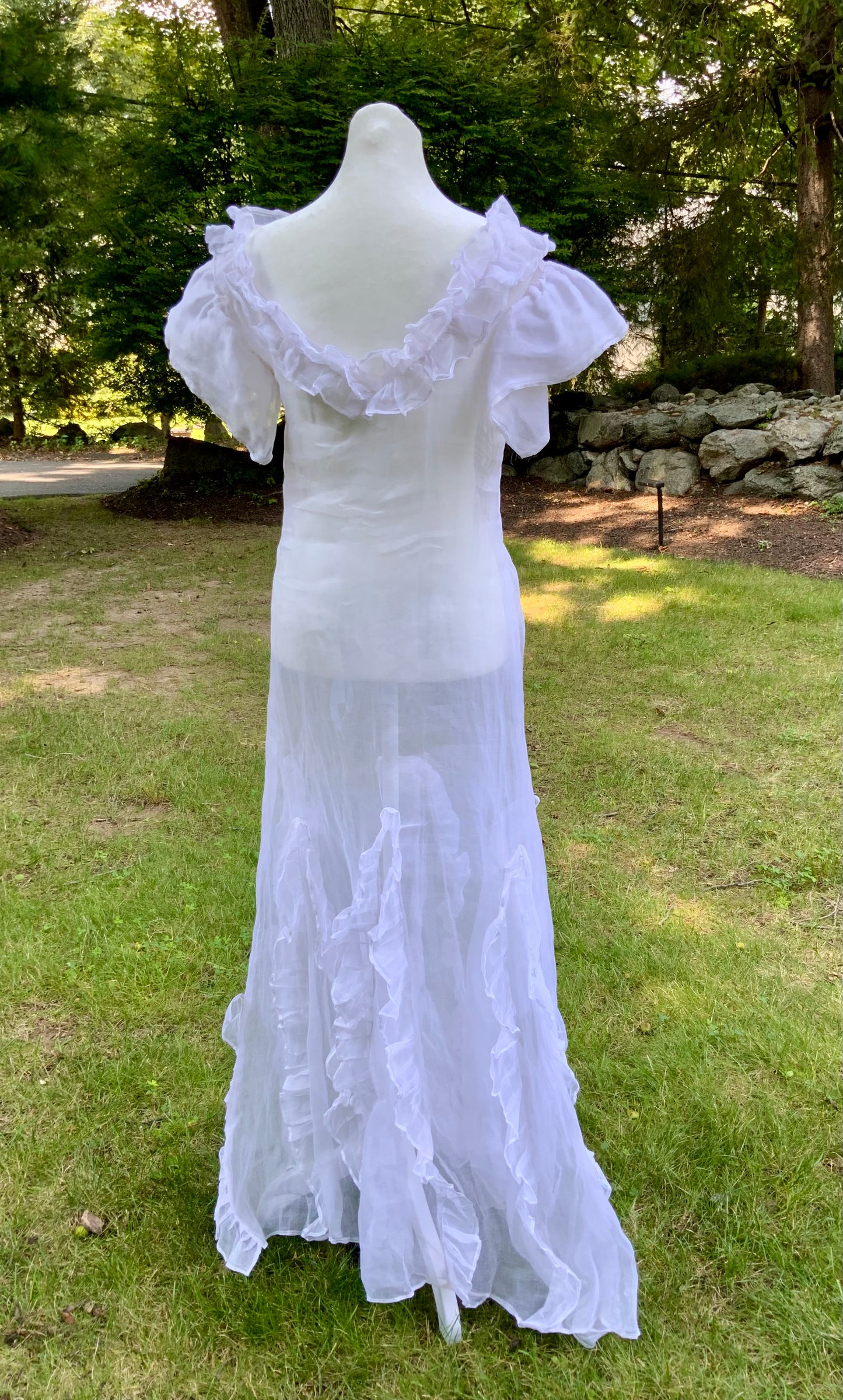 Rare 1930s White Organza Evening Gown.Ethereal Ruffle Hem Formal Dress. Romantic Bridal Gown-30DO