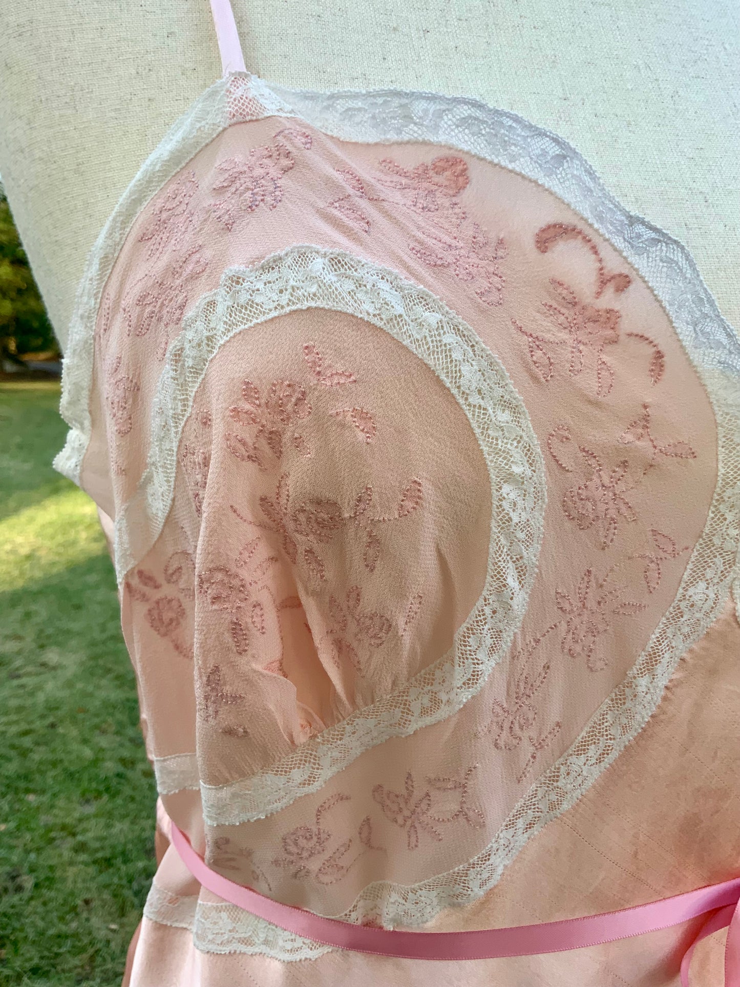 1930s Blush Satin & Chiffon Slip Dress – Floral Embroidery & Lace Panels - 30BA