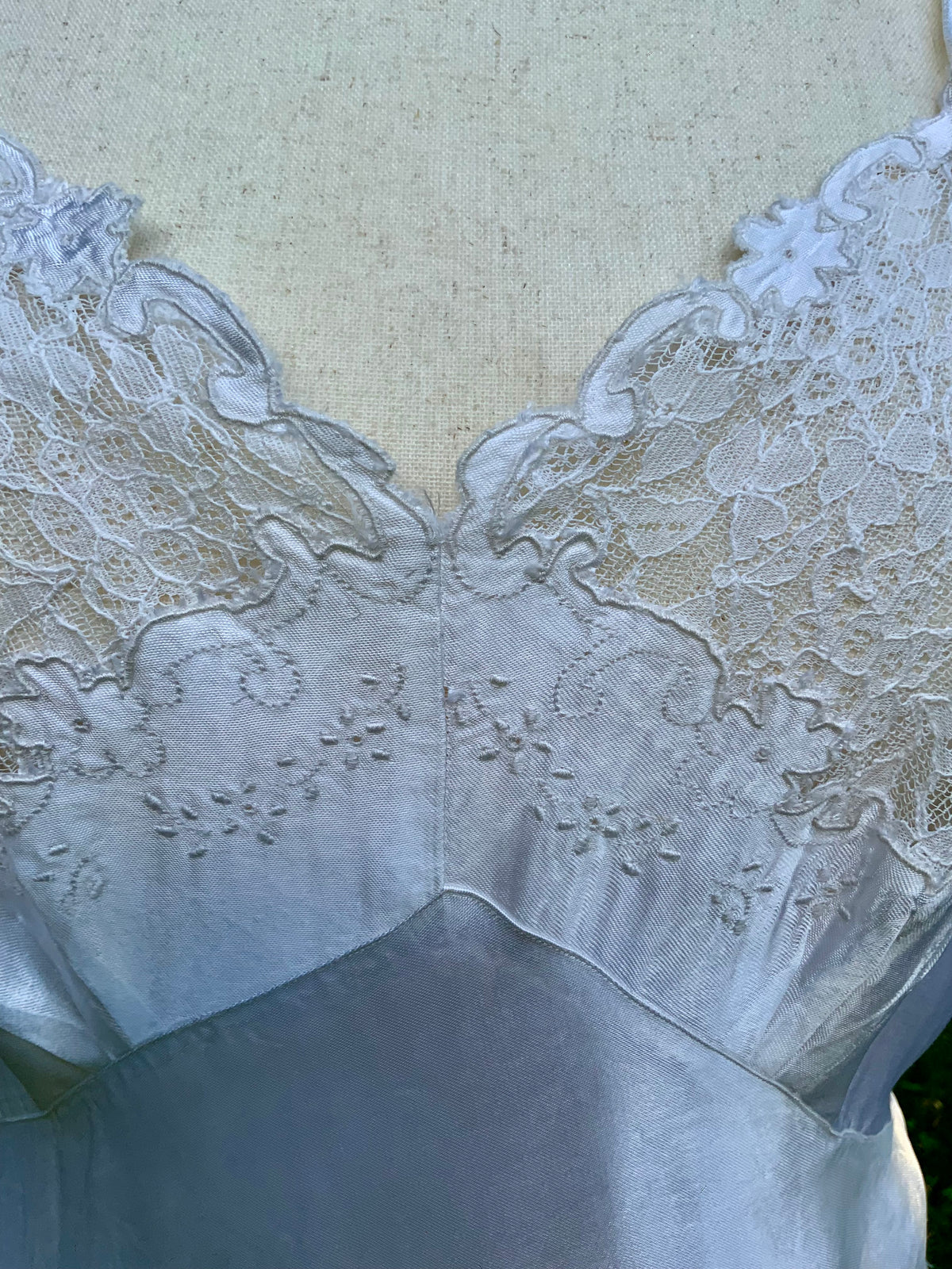 1930s White Satin Bias Cut Slip Dress with Floral Lace .40BT