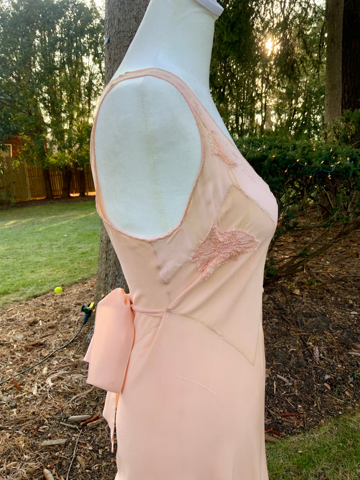 1930s Peach Rayon Nightgown with Art Deco Embroidery & Restored Lace Appliqués – Bias Cut Vintage Lingerie - 30AZ