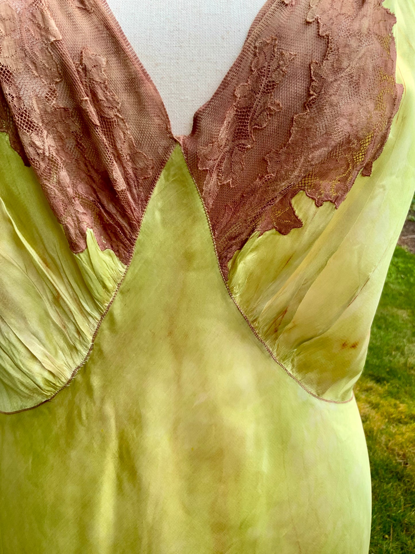 1930s Hand Dyed     Botanical Inspired Hand Dyed Silk Slip Dress. One of a Kind Woodland Fairy Bias Cut Gown.30BZ