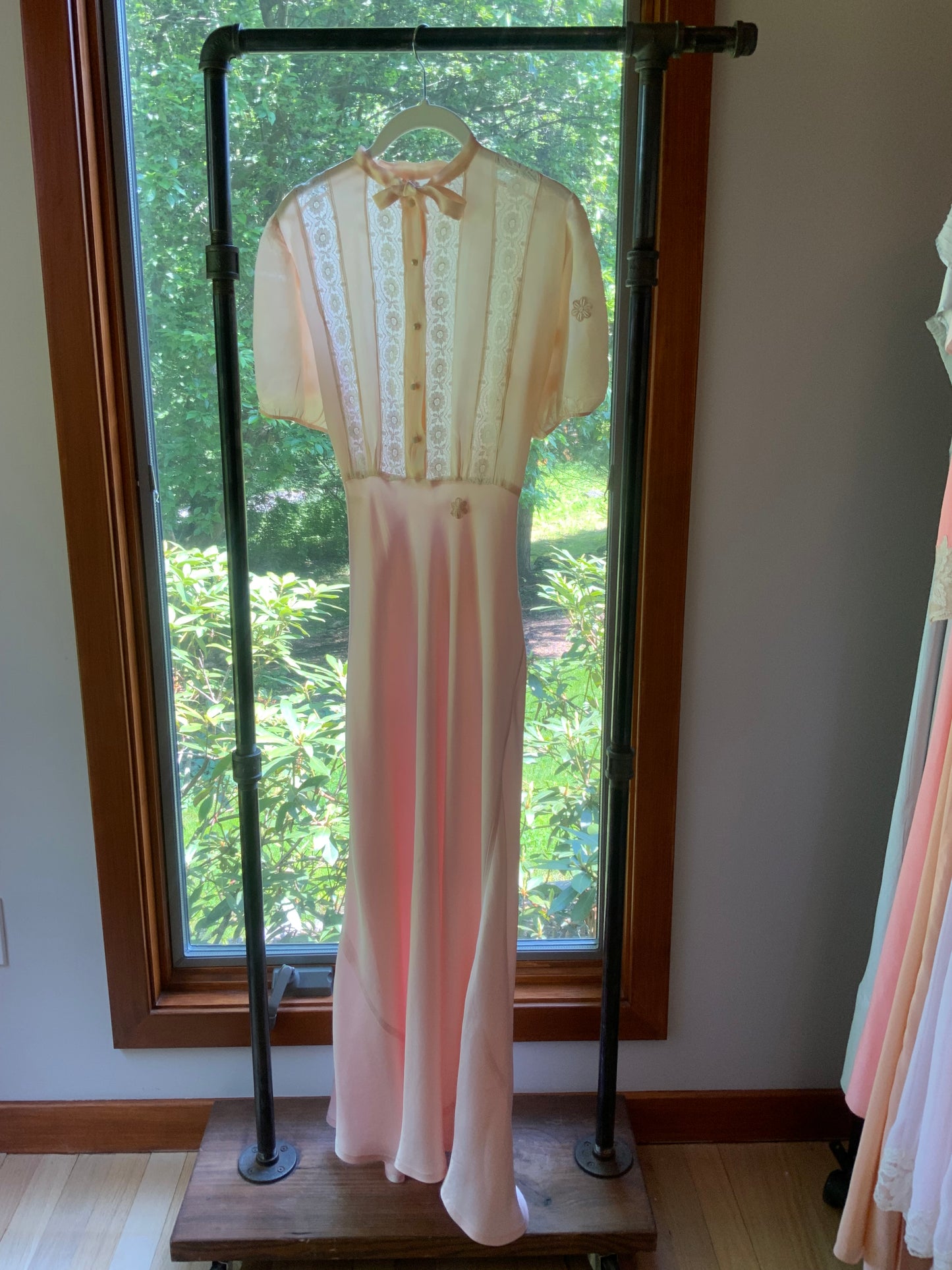 1930s Peach & Blush Silk Nightgown Vintage Boudoir Gown Original Belt Lace Bridal Lingerie Romantic Old Hollywood-30CV