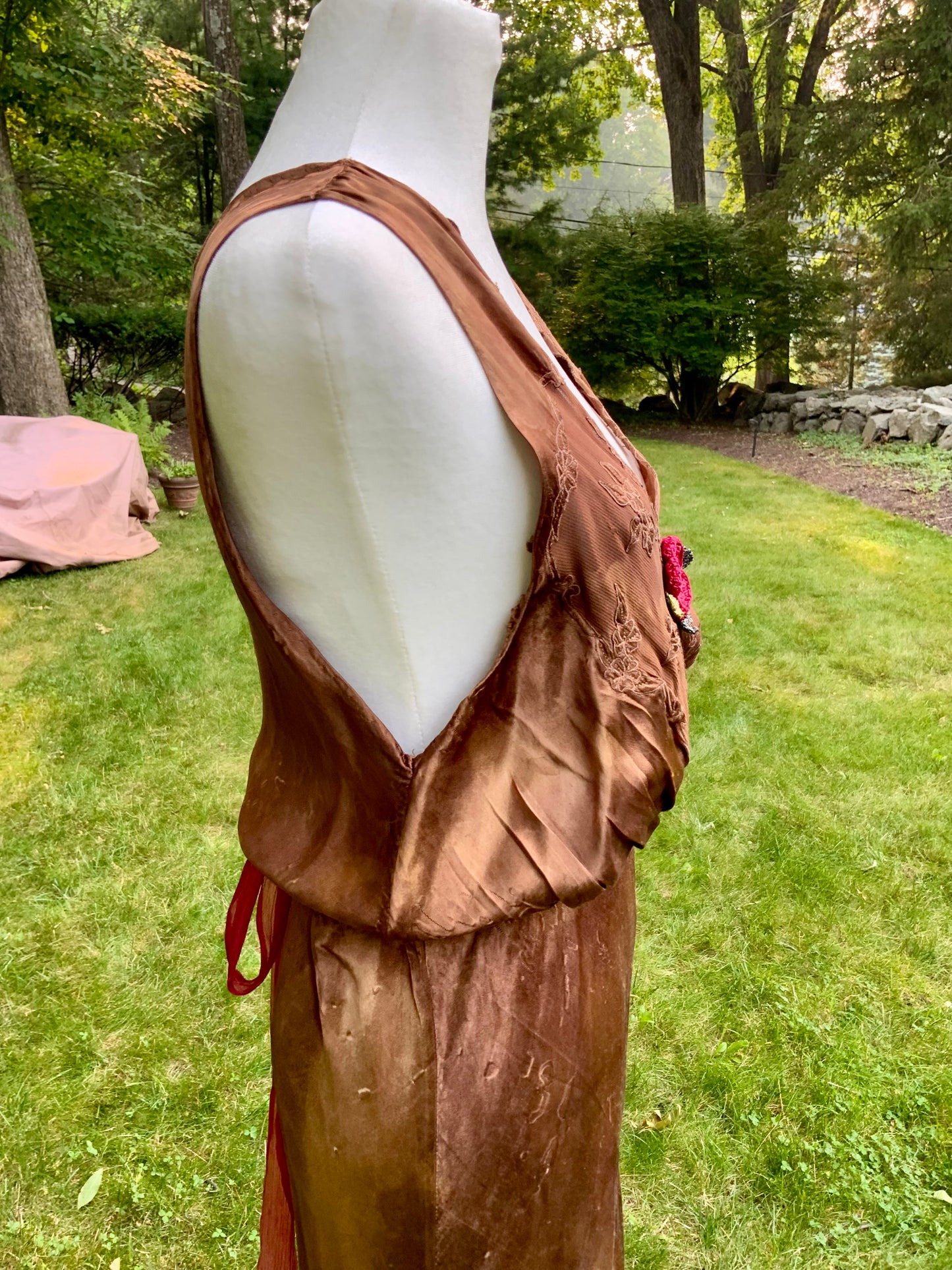 1930s Hand Dyed Silk Slip Dress Chocolate Brown Bias Cut Art Deco Embroidered Bodice OOAK
-40BK