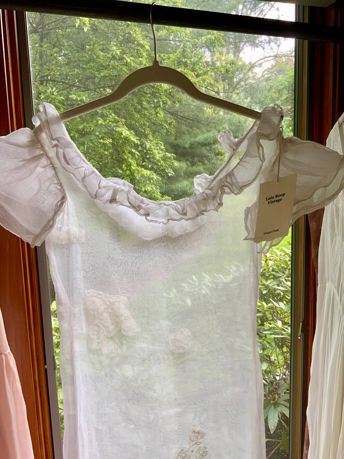 Ethereal Antique Organza Dress with Dramatic Ruffle Details and Lace Restorations
-20AJ
