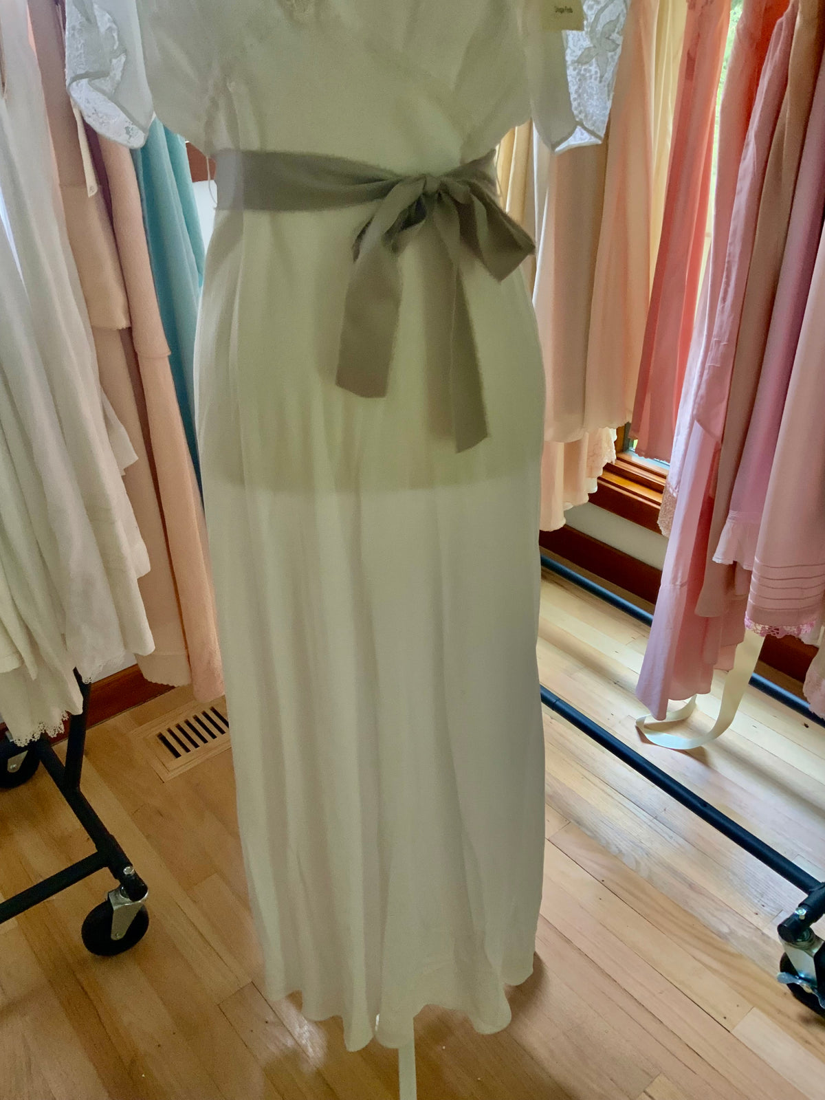 Circa 1930s–1940s White Satin Nightgown with Floral Lace and Ribbon Sash.
