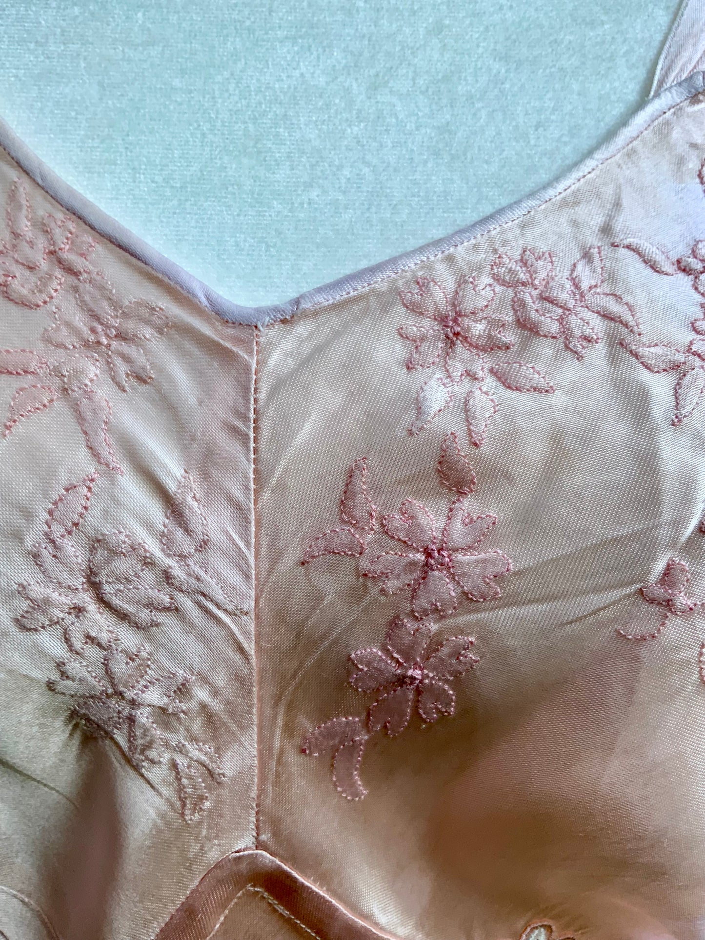 1940s Vintage Peach Satin Slip Dress Embroidered Floral Bodice Restored Bridal Boudoir Nightgown.40CG
