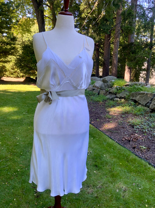 1930s White Satin Slip Dress Bias Cut Bridal Lingerie with Lace and Pleated Bust.40BU