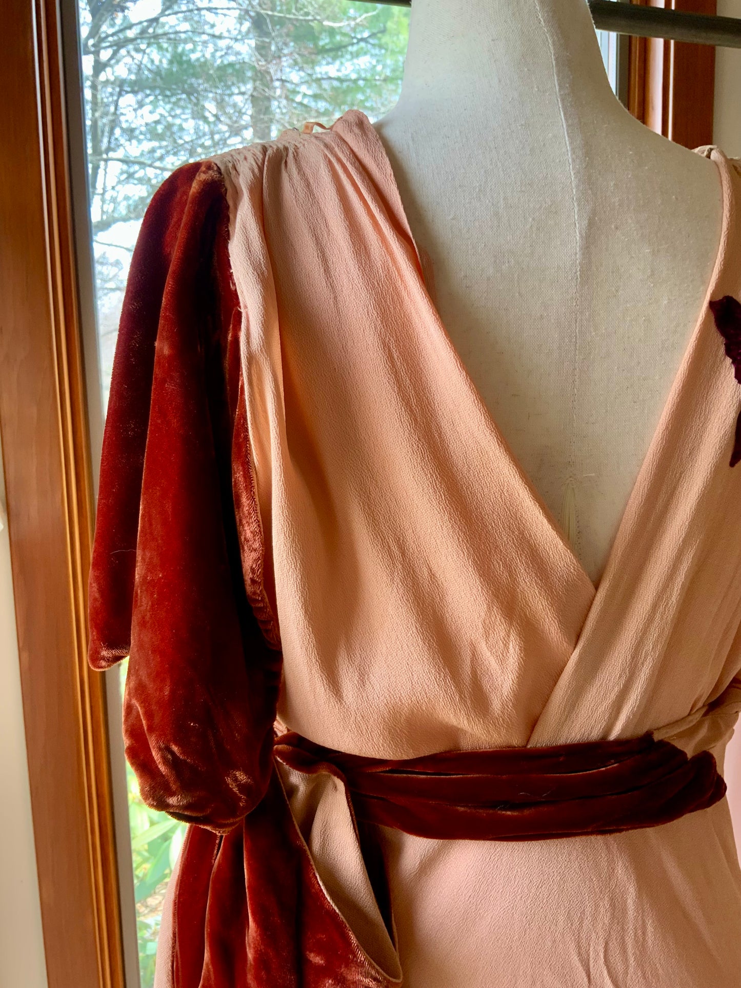 1930s Silk Crepe Evening Dress in Dusty Peach with Velvet Accents and Draped Waist | Artfully Restored-Iconic-30BH