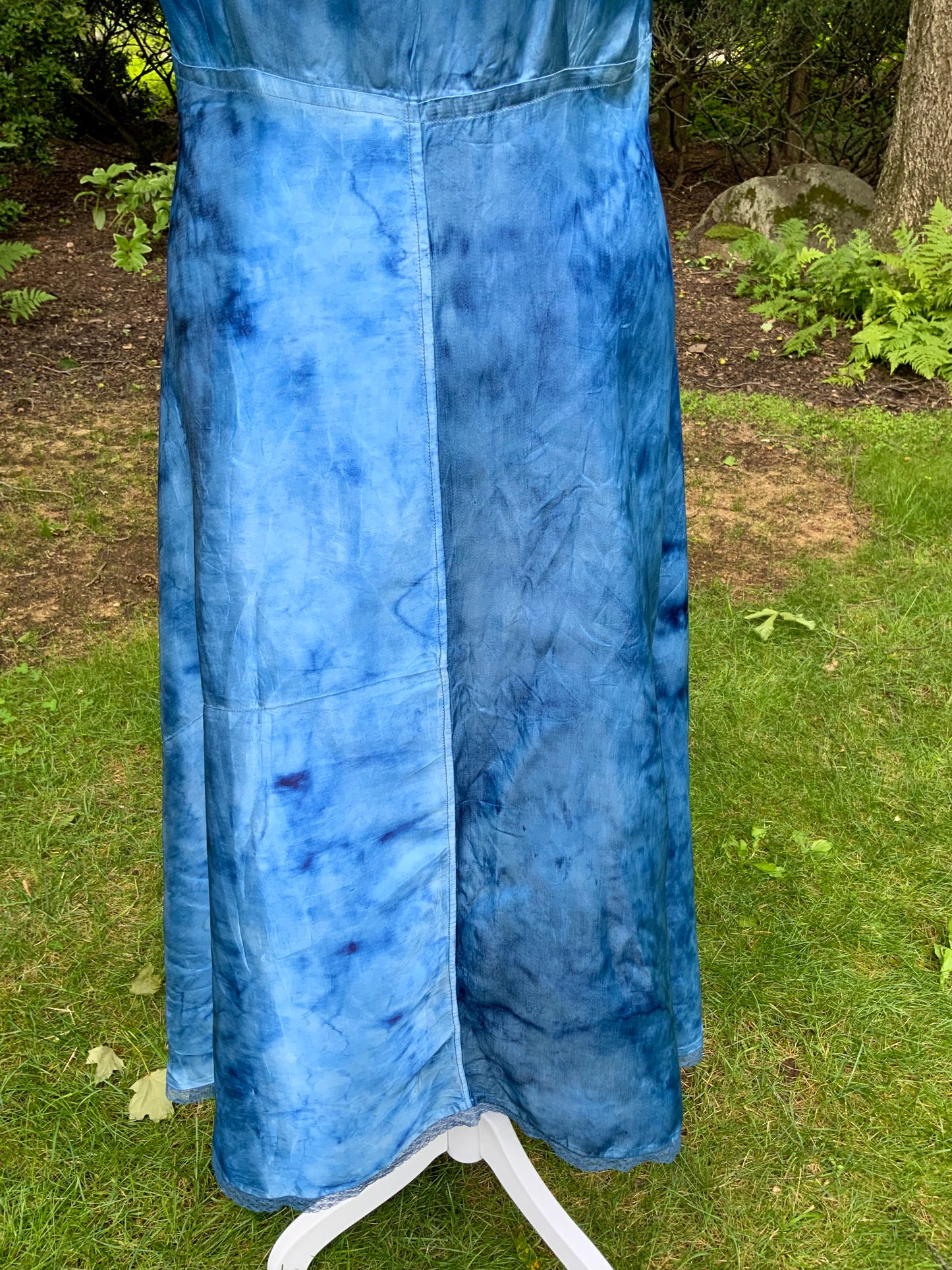 1930s Hand Dyed Blue Satin Nightgown with Floral Appliqués.40CG