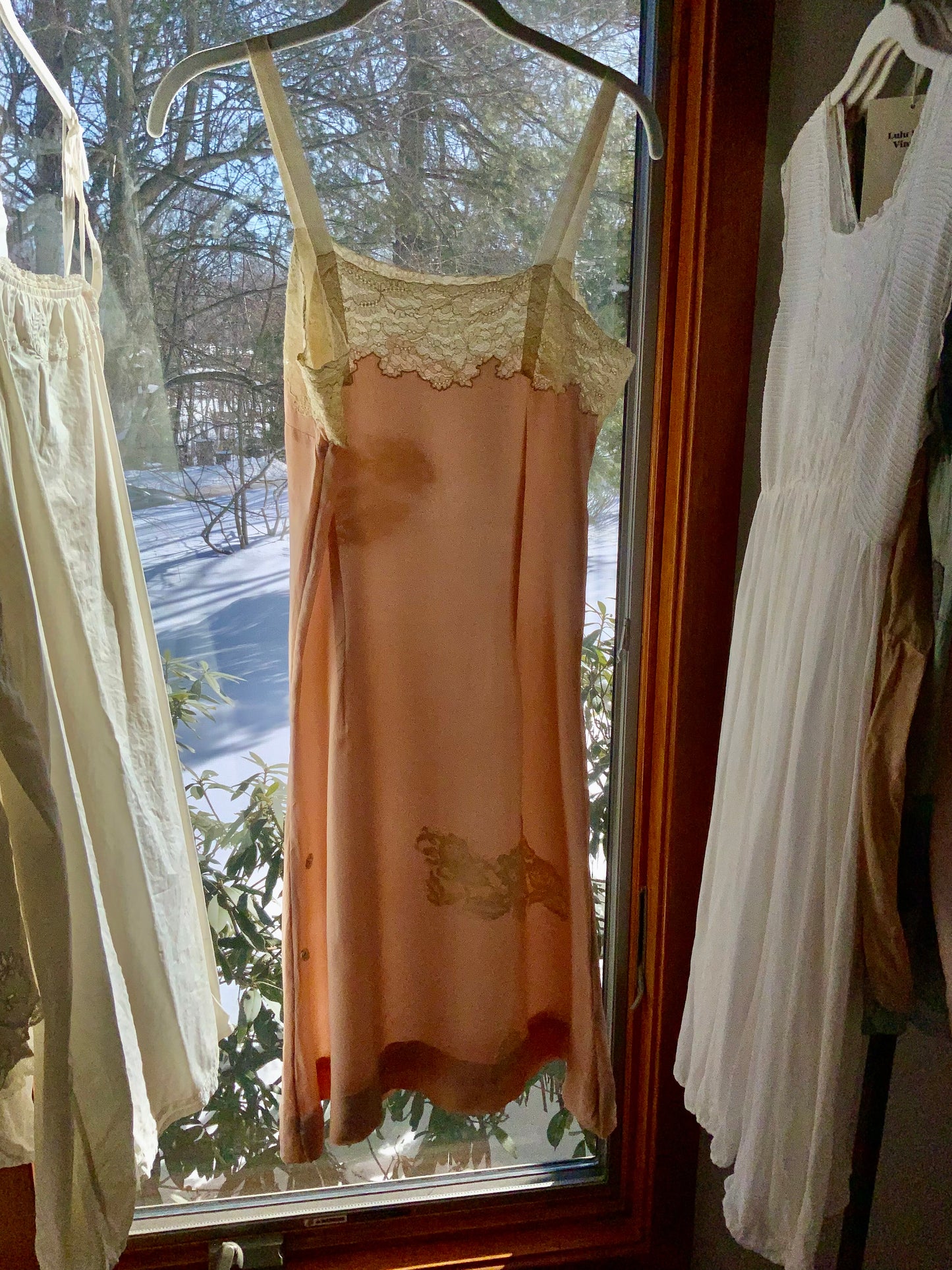 1940s Peach Silk Slip Dress with Antique Lace Appliqué — Pure Silk Boudoir Nightgown-40AU