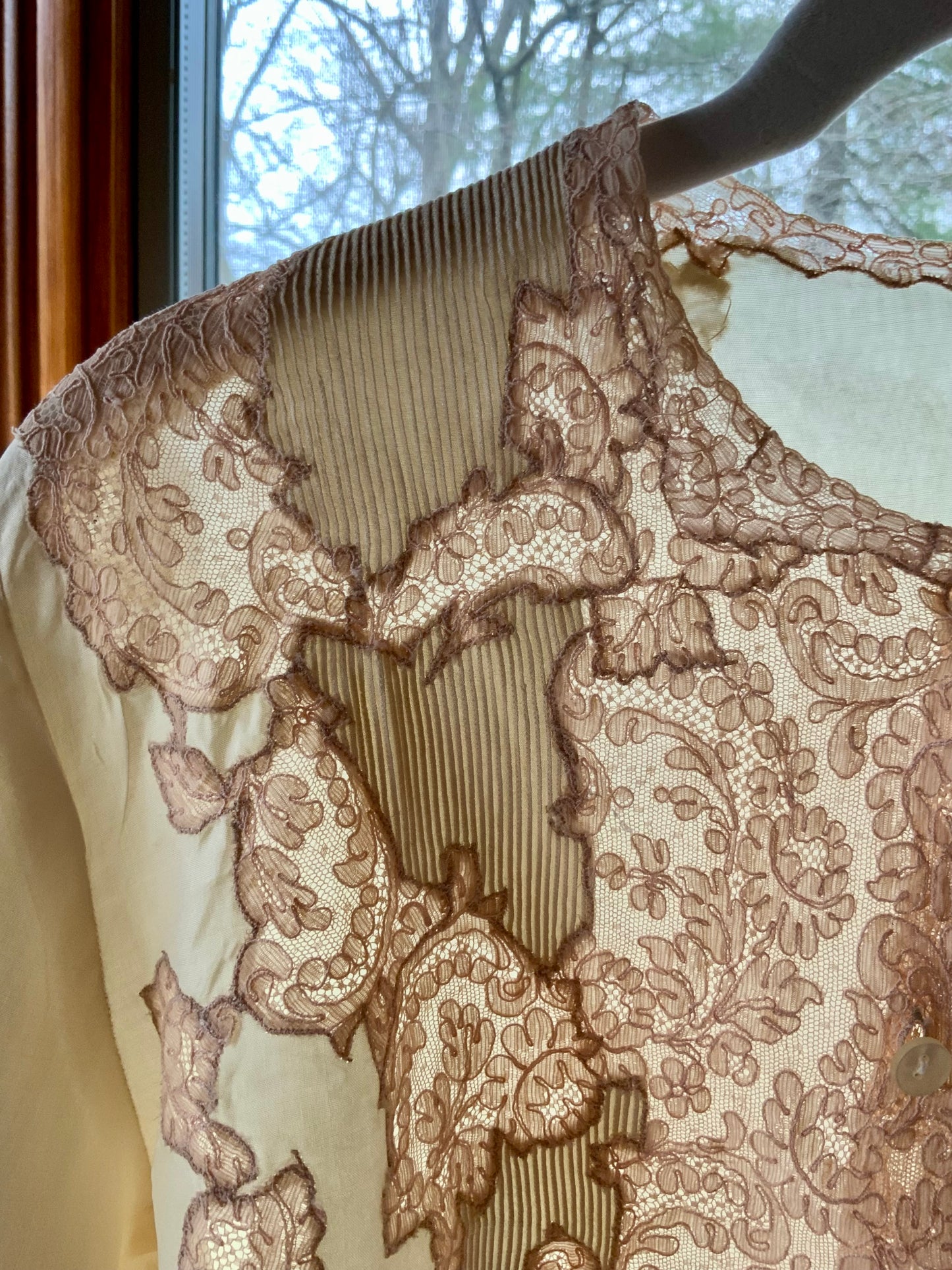 1930s Silk Blouse with Blush Lace Appliqué – Sheer Antique Chiffon Top, Romantic Lingerie Style, Bridal Boudoir Vintage-30BG