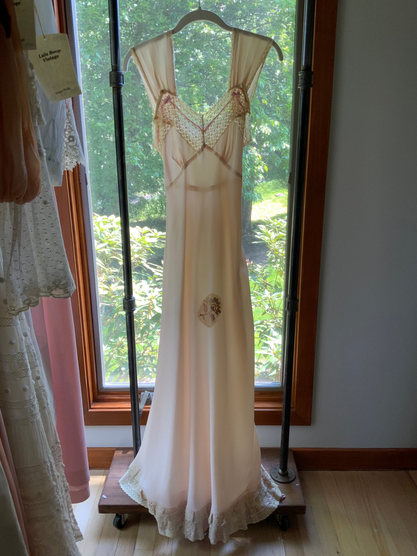 1930s Pale Peach Bias Cut Nightgown. Lace and Ribbonwork Boudoir Gown. Cap Sleeve Satin Lingerie.30CS