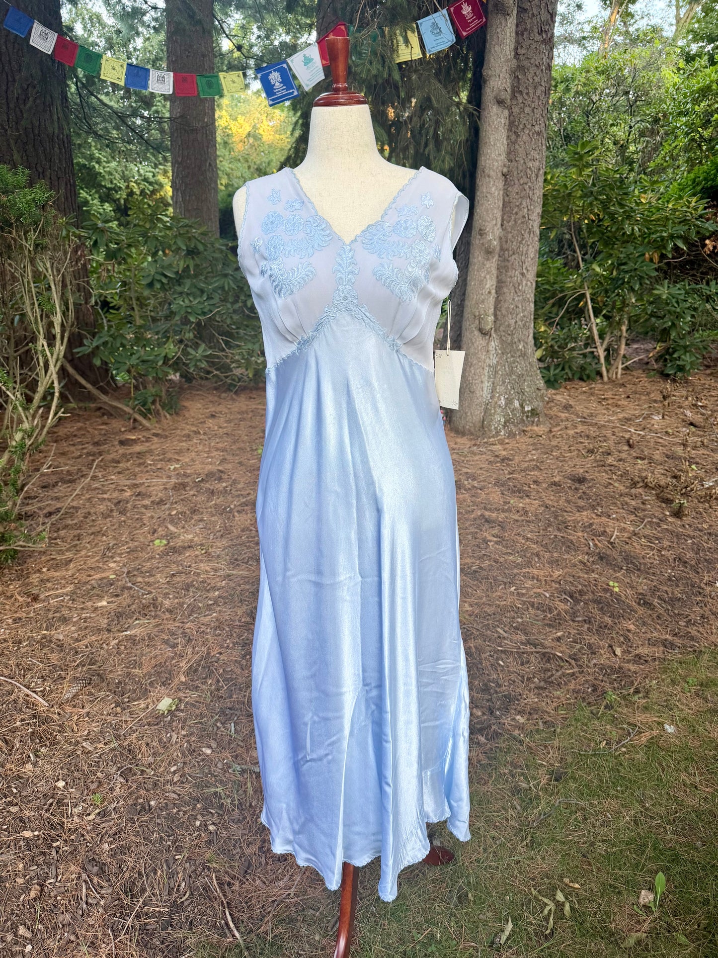 1930s Powder Blue Silk Satin Slip Dress | Embroidered Illusion Mesh Bodice |Large
-30BV