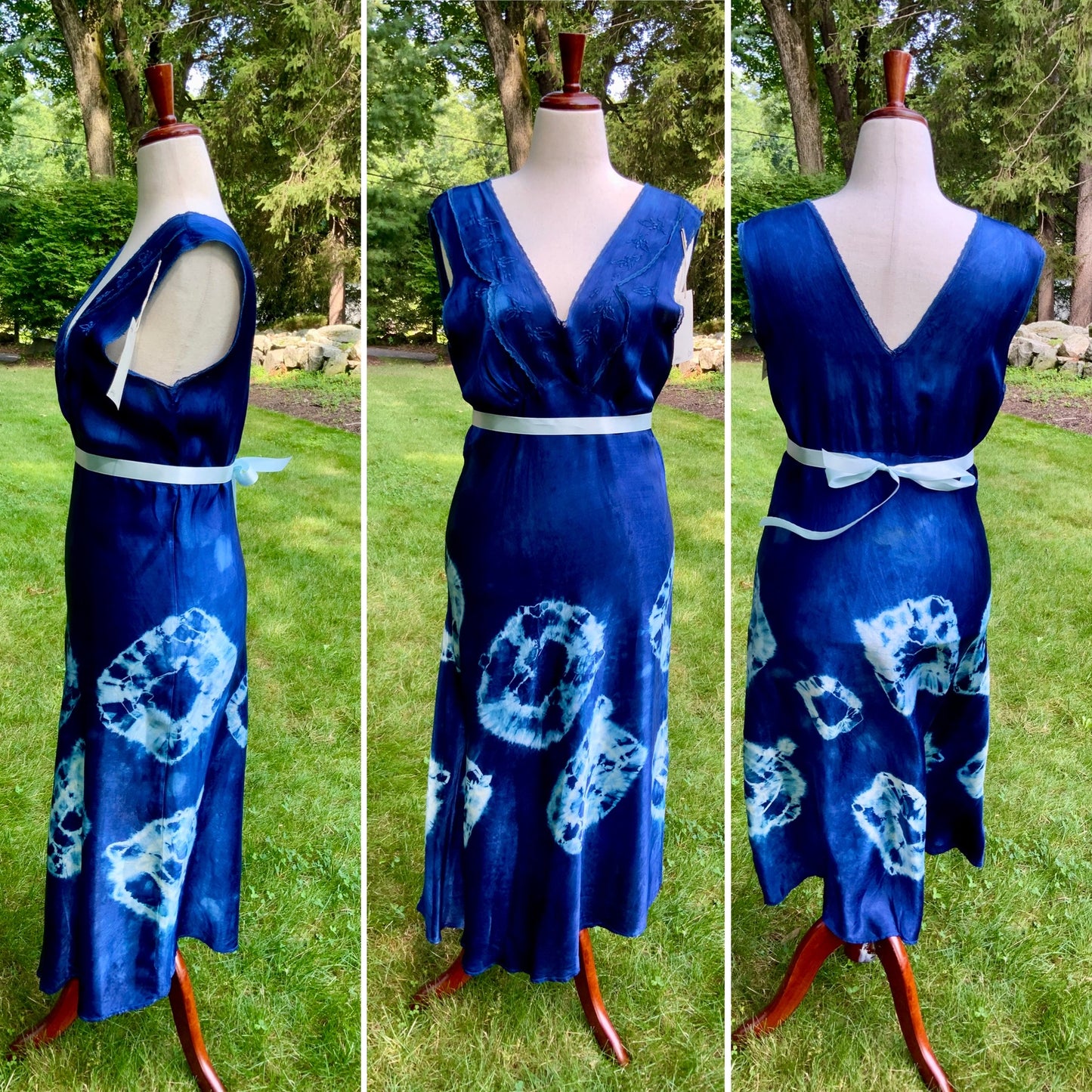 1930s Hand-Dyed Indigo Silk Slip Dress with Batik Resist Dye | OOAK
-40BN