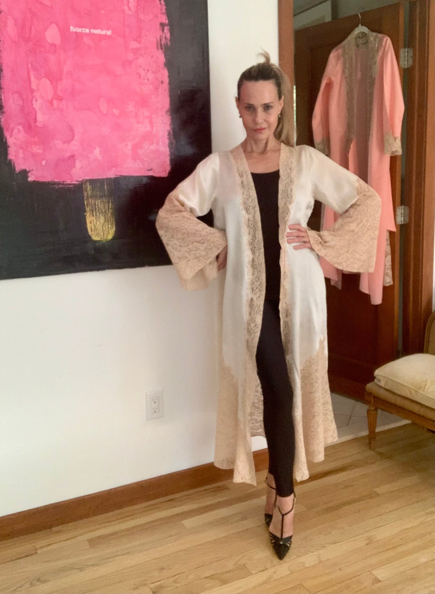 1930s Pure Silk & Lace Robe – Ivory Antique Peignoir with Hand – Luxury Vintage - 30AR