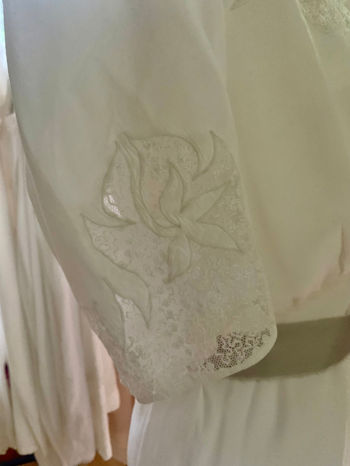 Circa 1930s–1940s White Satin Nightgown with Floral Lace and Ribbon Sash.