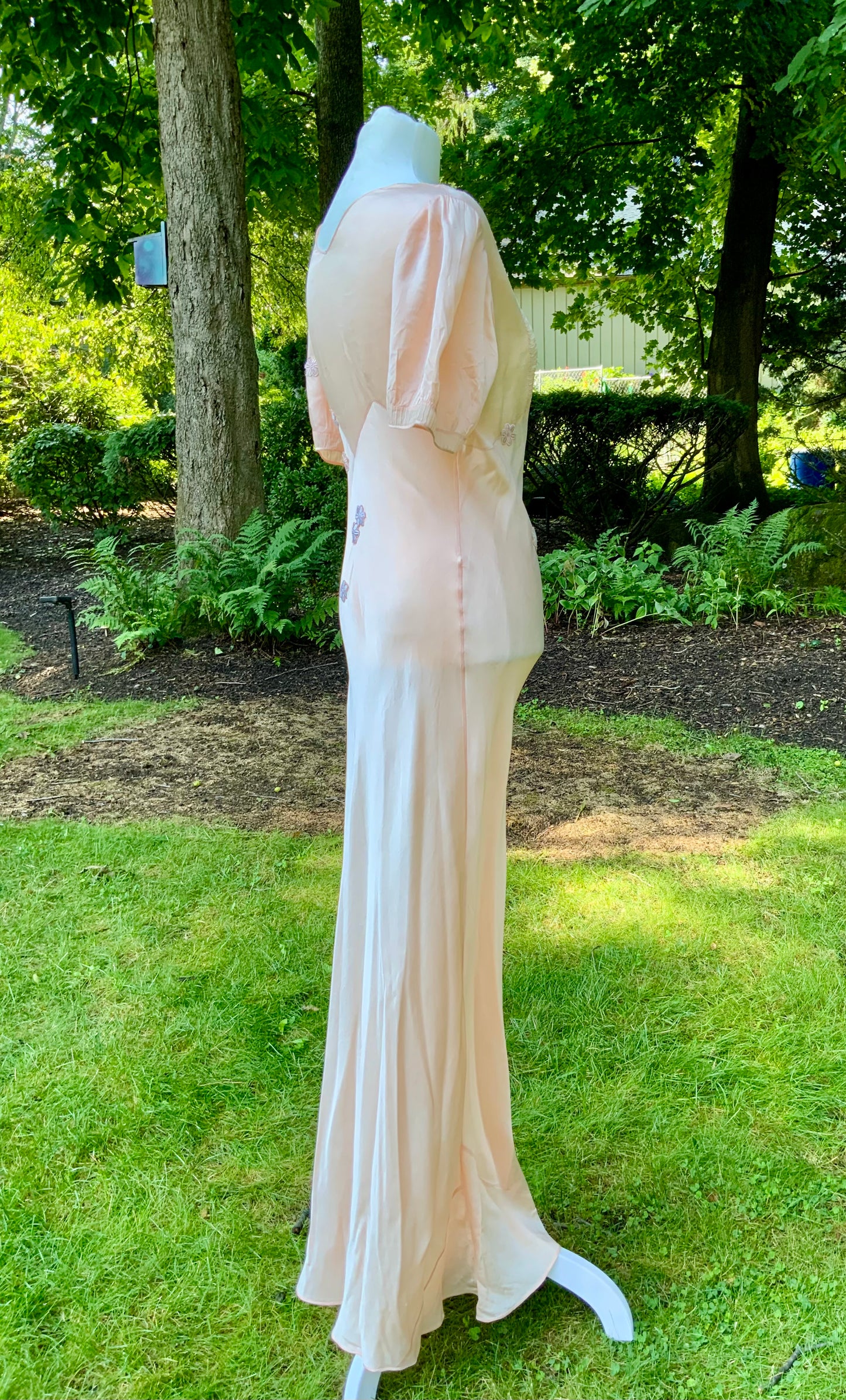 Rare Late 1930s Peach Silk Evening Gown. Pleated Bodice. Bias Cut. Restored Floral Details.30CY