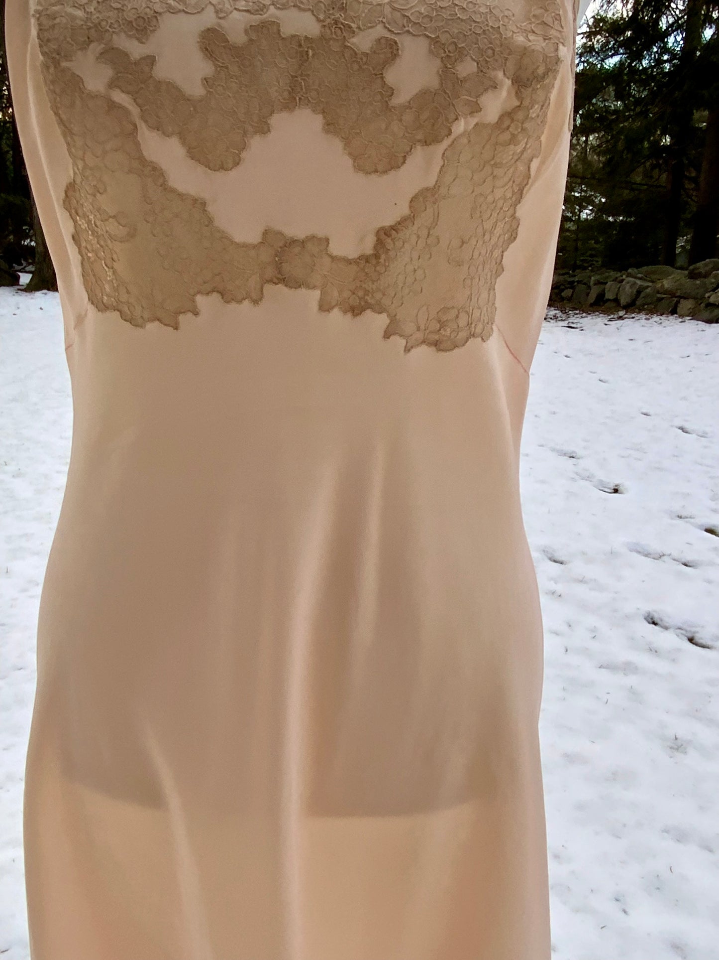 Late 1930s True Silk Peach Slip Dress with Lace Bodice | Bias Cut Antique Lingerie-40AR