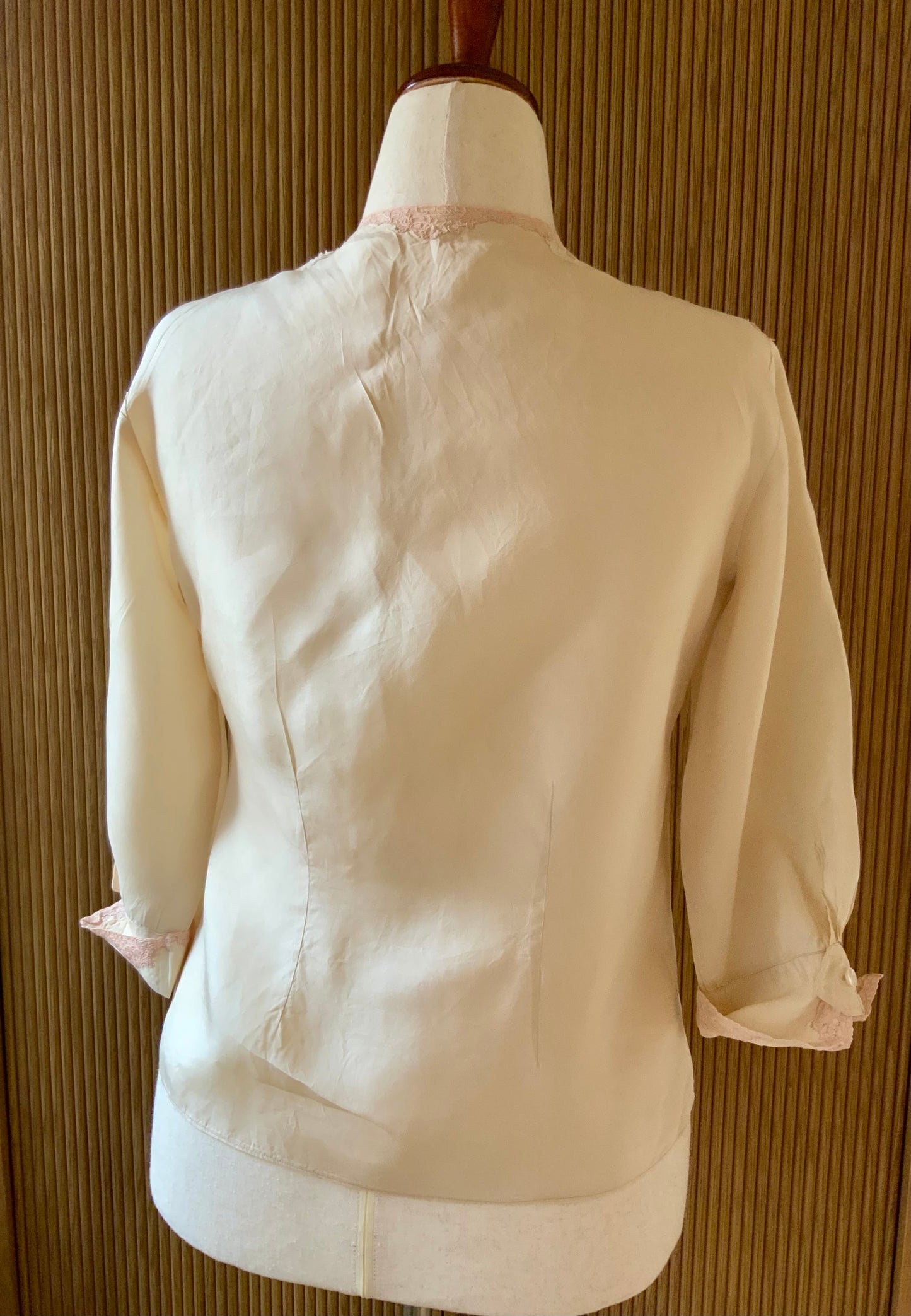 1930s Silk Blouse with Blush Lace Appliqué – Sheer Antique Chiffon Top, Romantic Lingerie Style, Bridal Boudoir Vintage-30BG