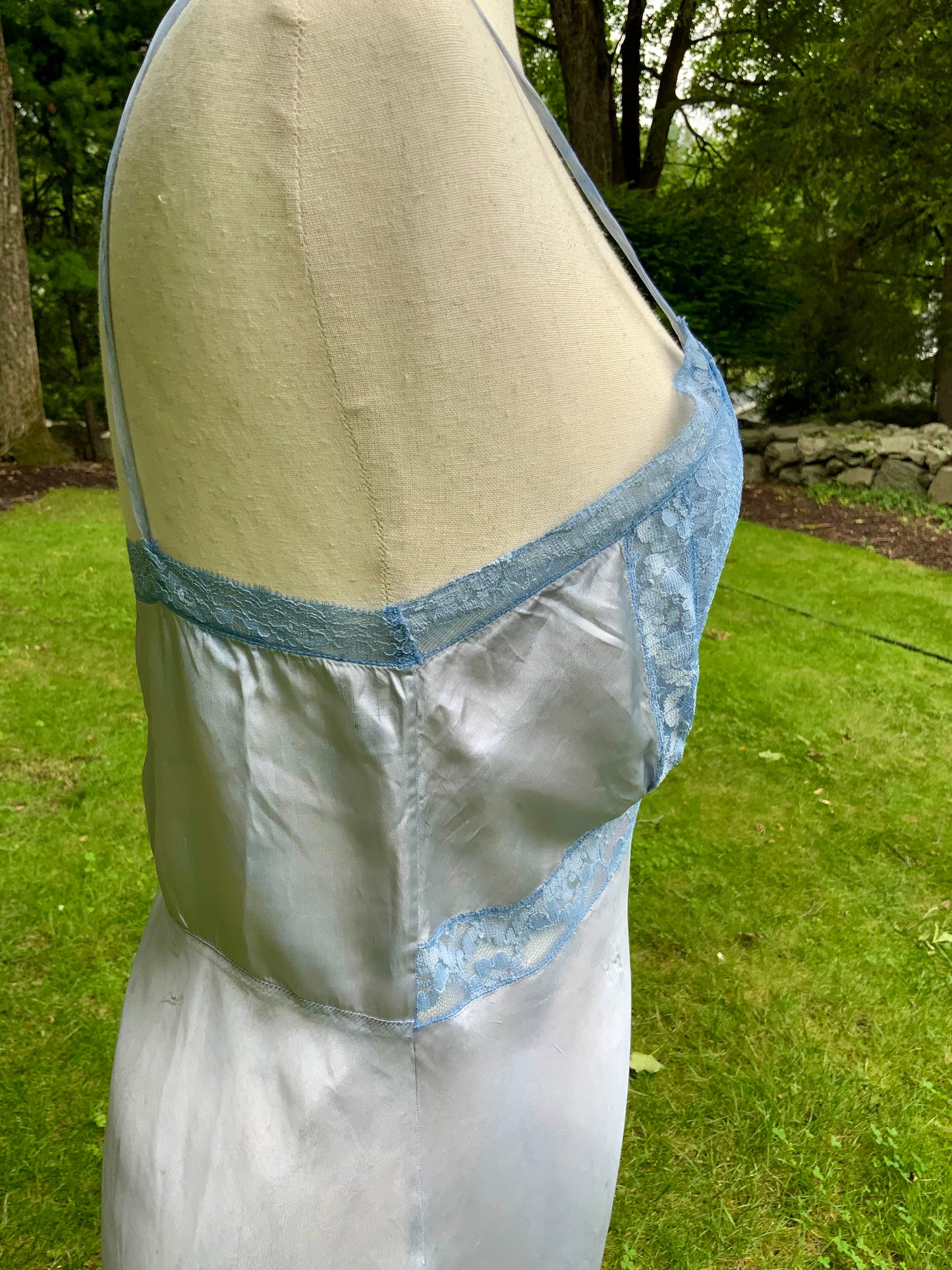 1930s Hand-Dyed Ice Blue Satin and Lace Bias-Cut Full Slip.50BA