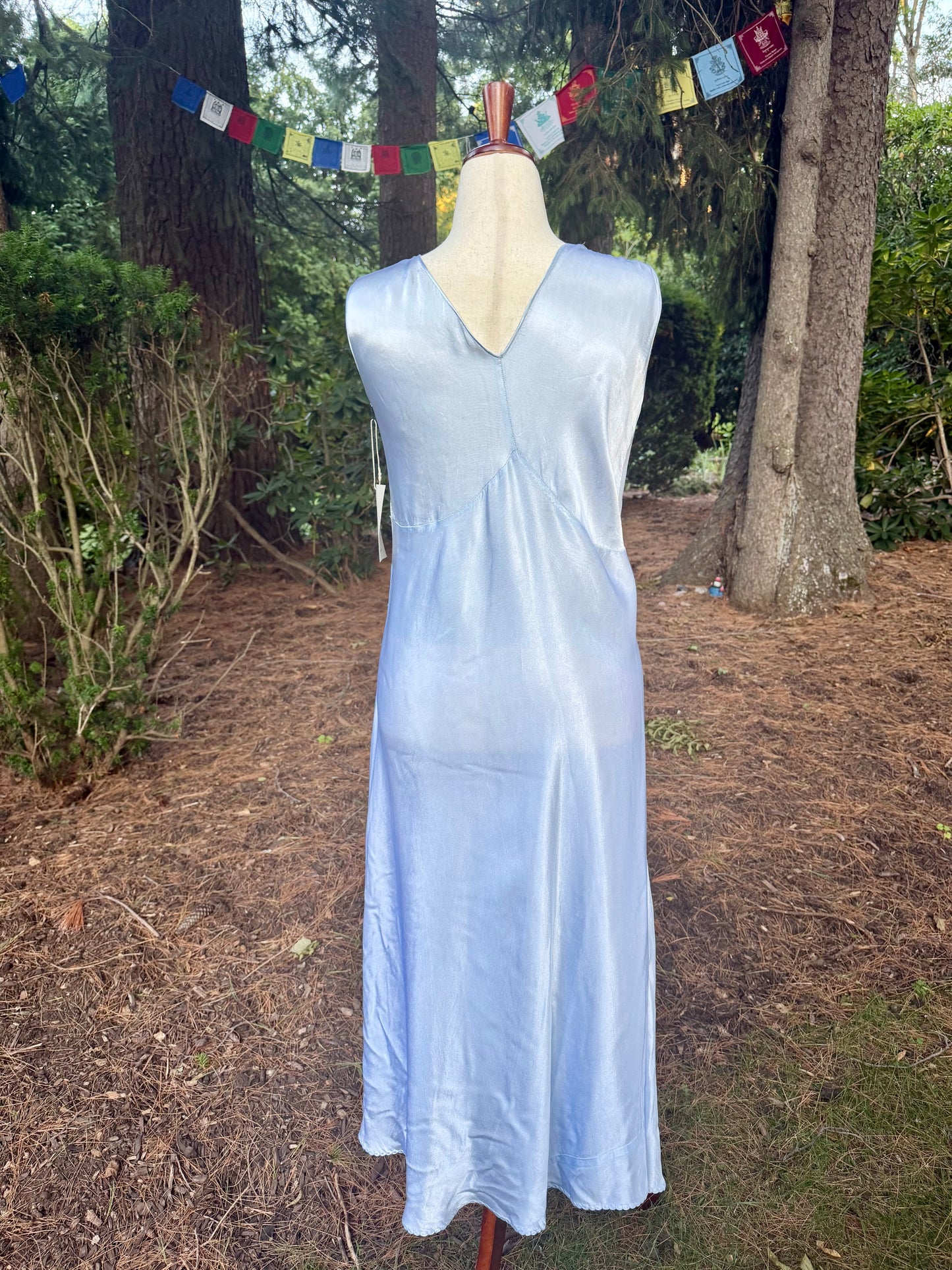 1930s Powder Blue Silk Satin Slip Dress | Embroidered Illusion Mesh Bodice |Large
-30BV