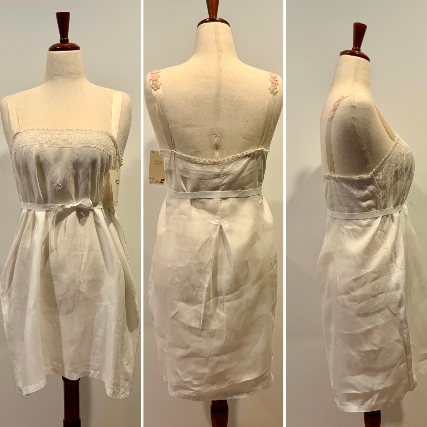 Antique Slip Dress - Filet Lace - Embroidered Initials E C - 1920 - 20C