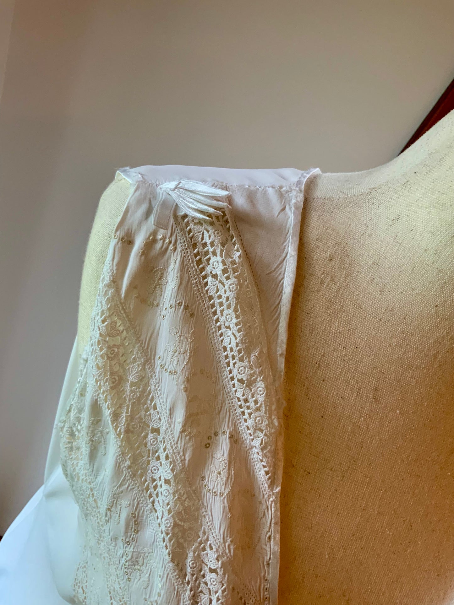 1930s Ivory Bridal Slip Dress with Embroidered Lace Bodice-Deep V. Neck-30DK