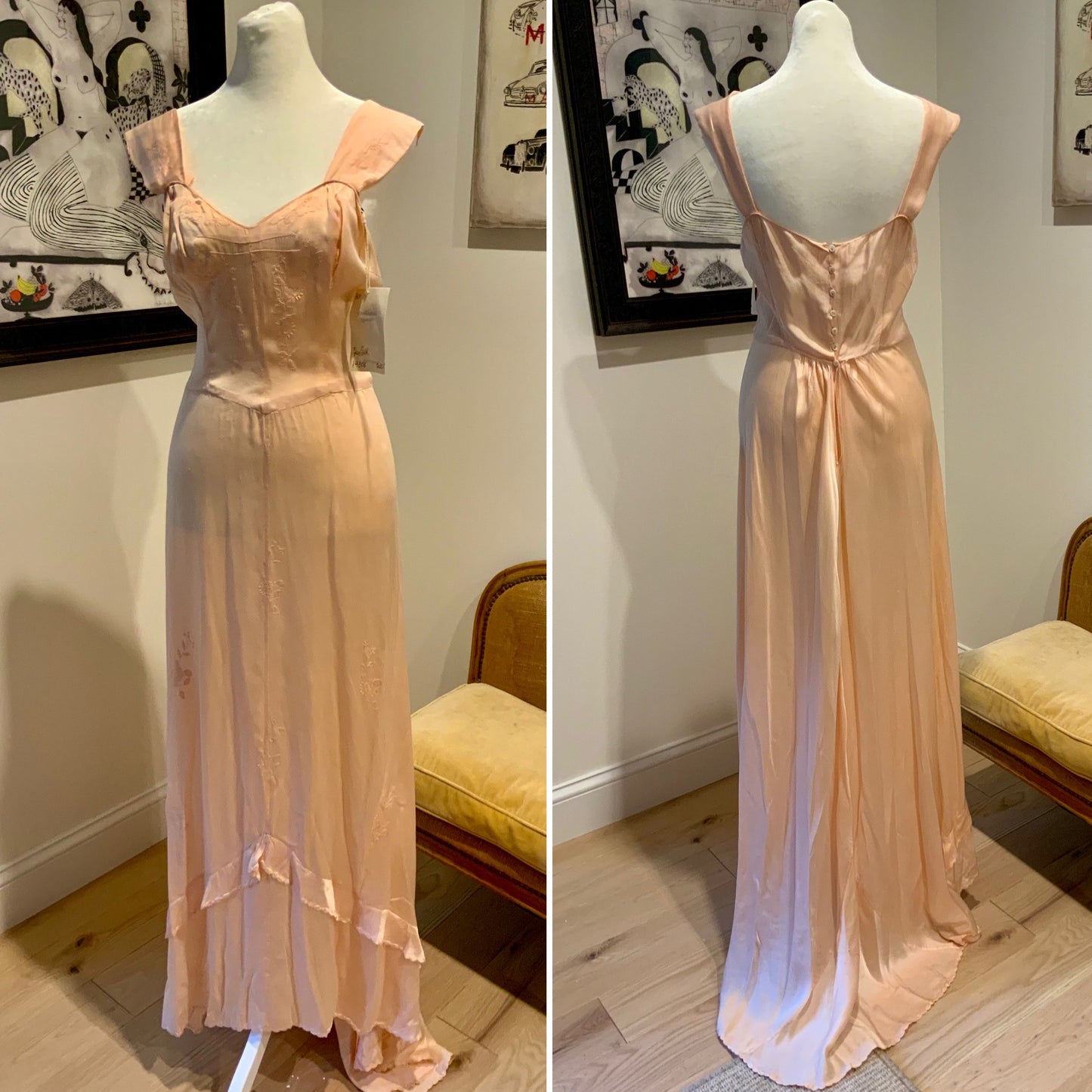 1930s Peach Silk Embroidered Gown with Train. Alternative Vintage Bridal Dress.30CF