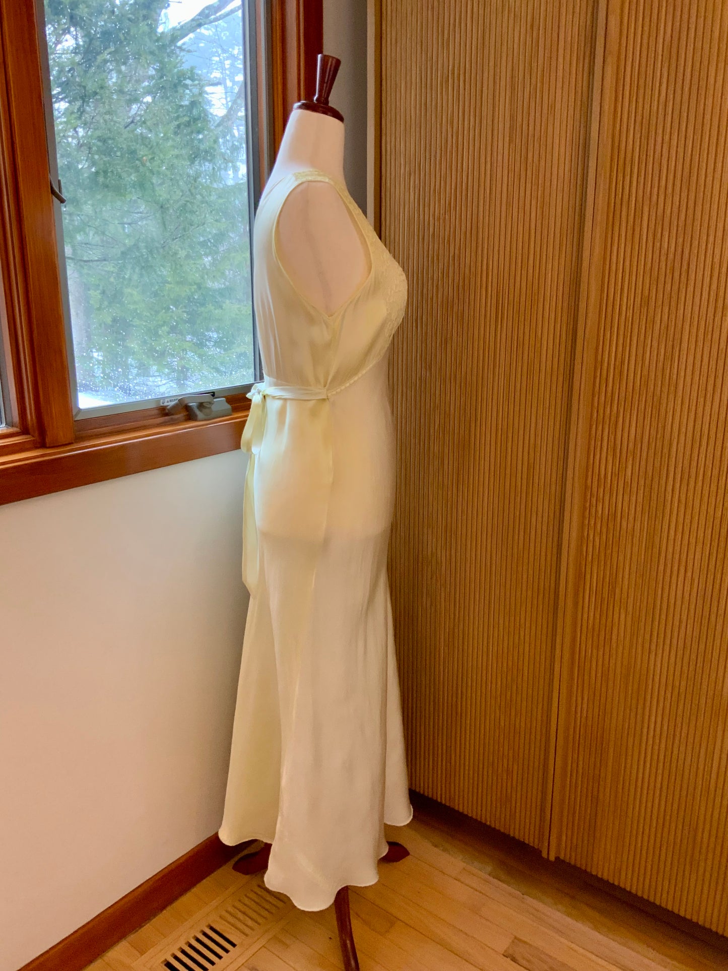 1970s Hand Dyed Bias Cut Satin Gown | 1940s Inspired Lace Bodice Maxi Dress | Pale Celadon Vintage Slip Dress- 40V