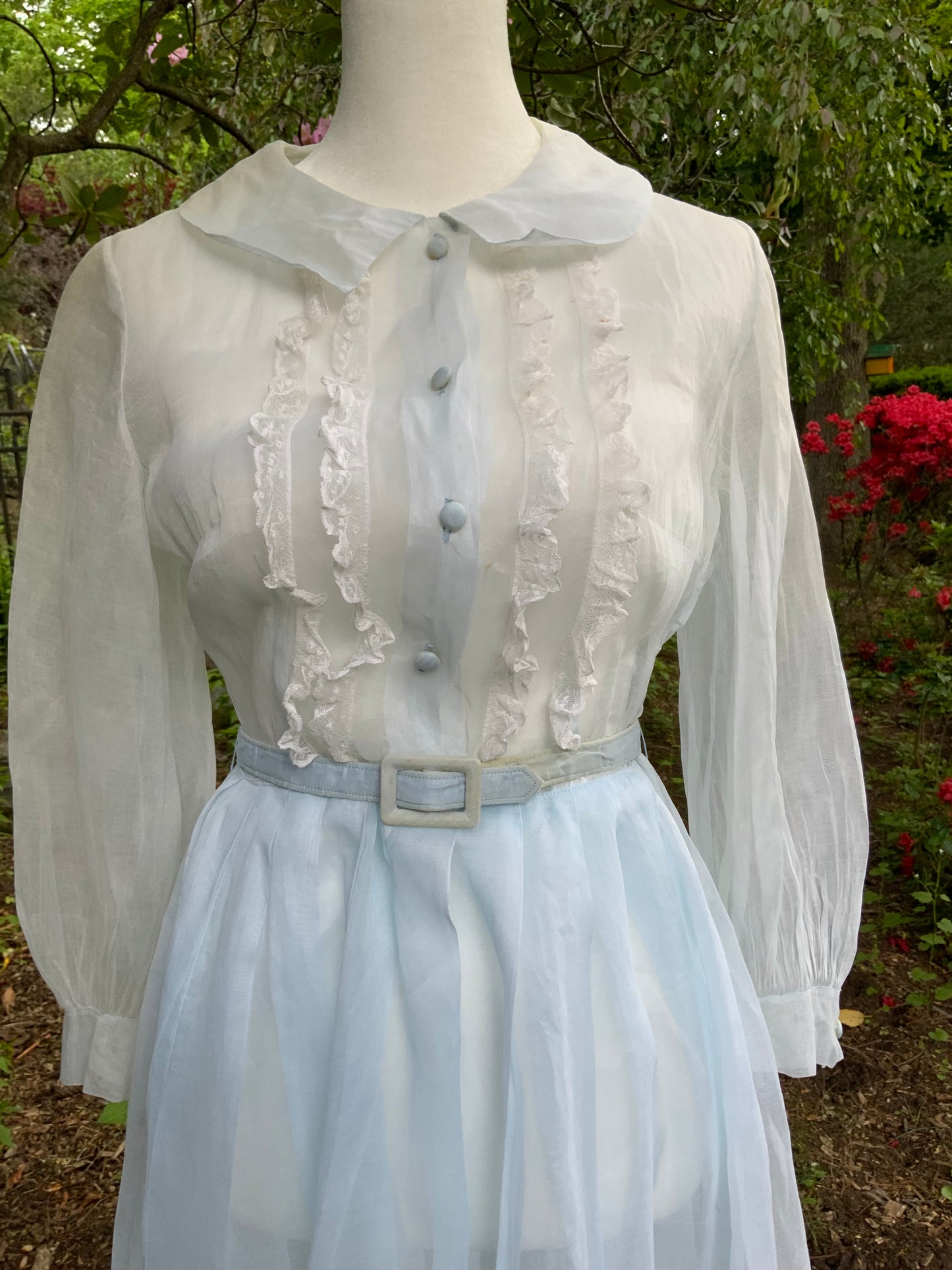 Late 1930s 1940s Sheer Blue Cotton Organdy Dress Romantic Lingerie Style Dress-30CR