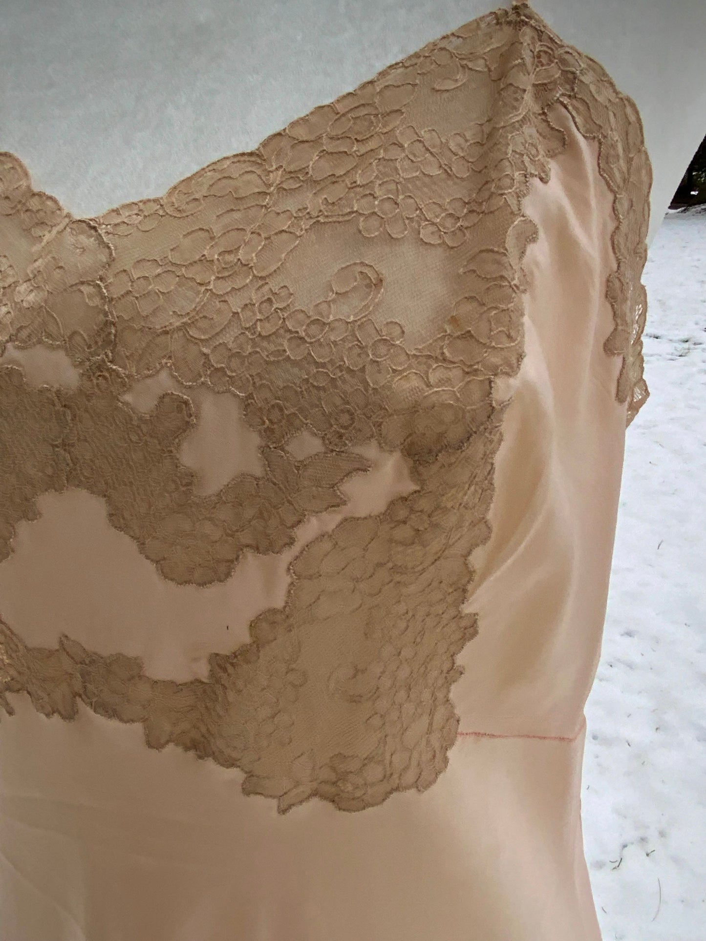 Late 1930s True Silk Peach Slip Dress with Lace Bodice | Bias Cut Antique Lingerie-40AR