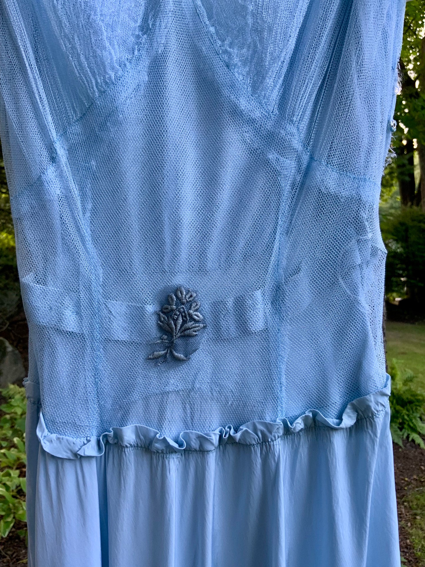Rare 1930s Powder Blue Tulle & Satin Evening Gown | Bias Cut Skirt | XXS.40BQ